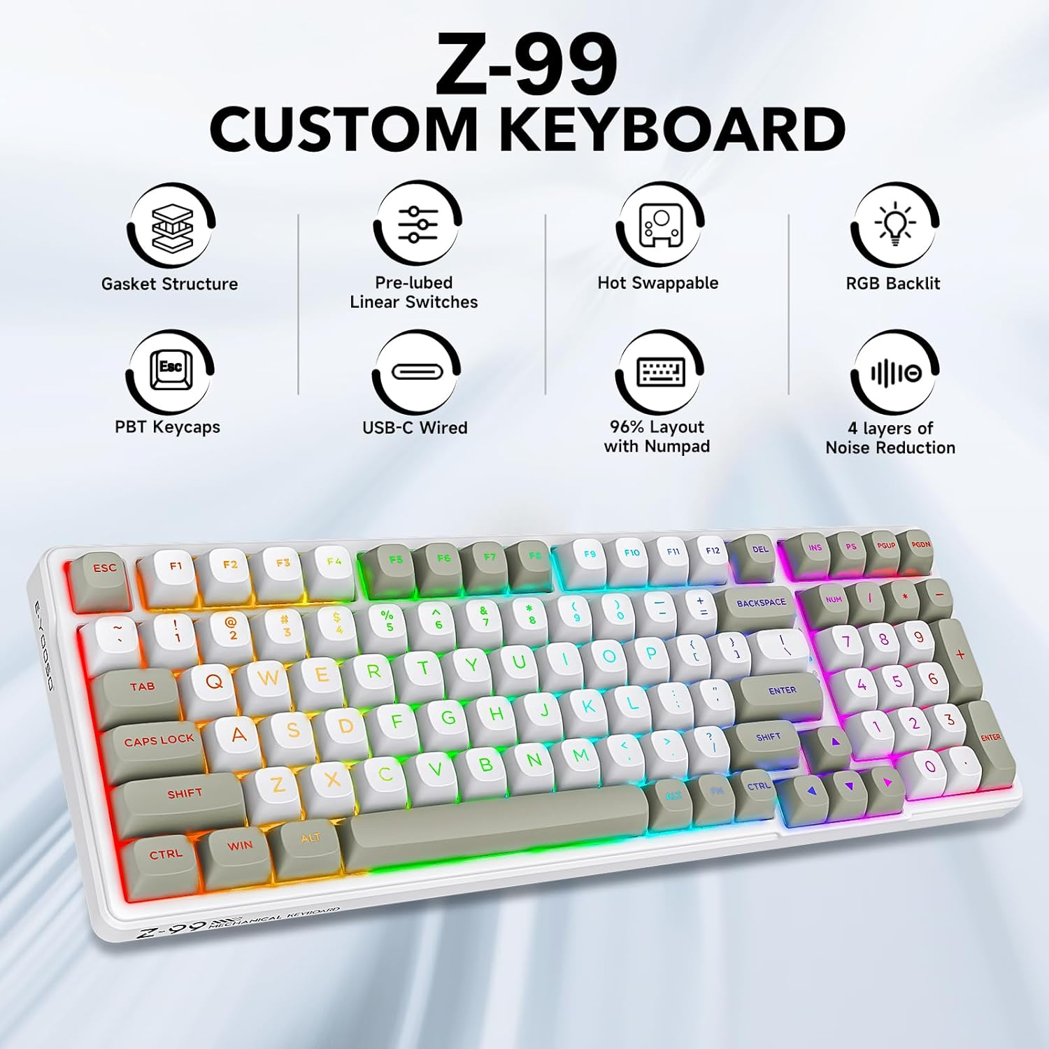 HUO JI Z-99 Wired Mechanical Keyboard, Creamy Sound, Hot Swappable Pre-Lubed Linear Switches, Gasket Structure with Sound Dampening Foam, RGB Backlit, 99 Keys Custom Gaming Keyboard for Pc/Mac,Gray image number 2