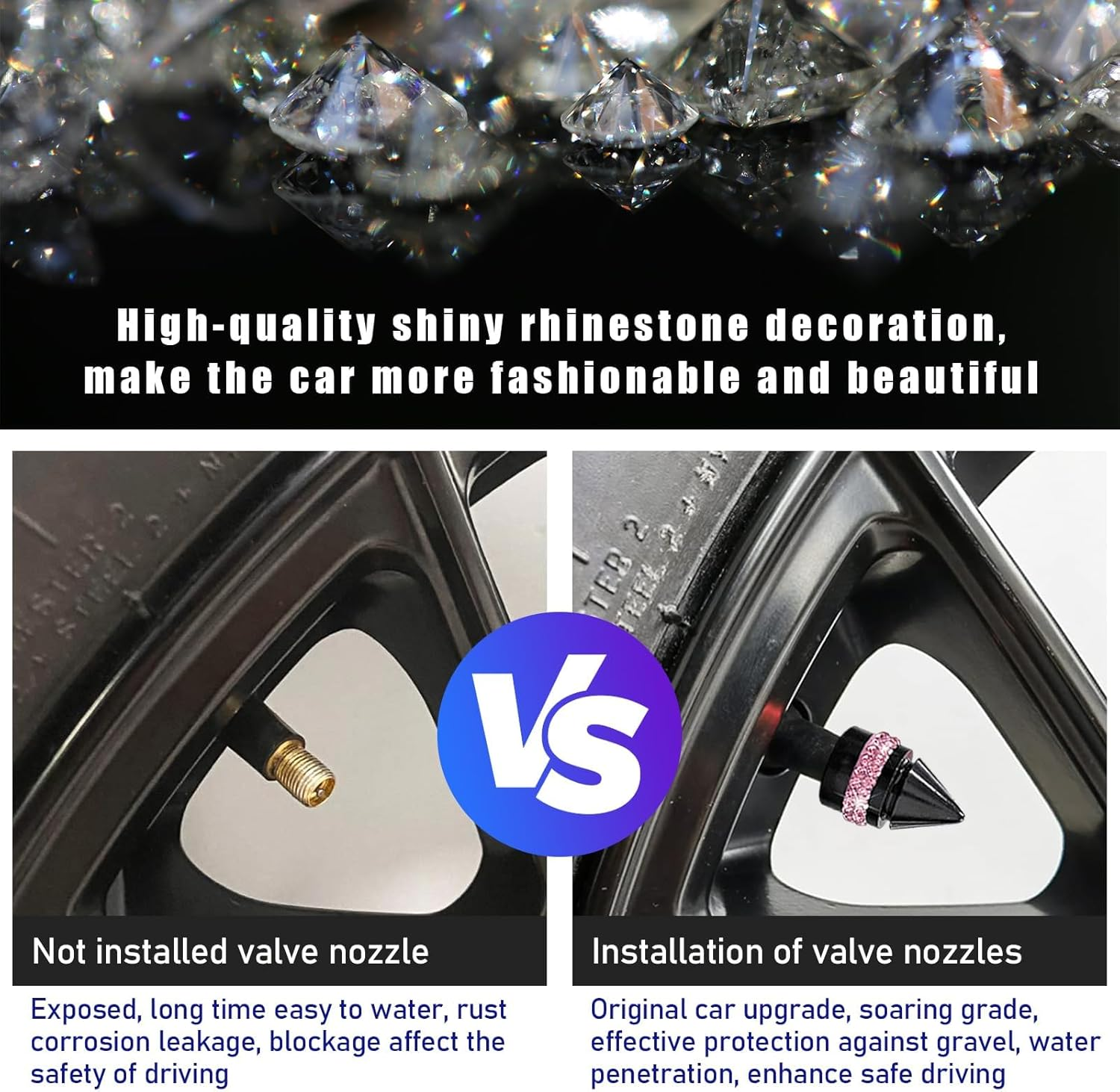 4 PCS Car Tire Valve Stem Caps, Bling Spiked Aluminium Alloy Tire Valve Stem Covers, Corrosion Resistant Auto Tire Air Dust Caps, Universal Car Accessories for All Vehicles (Pink)