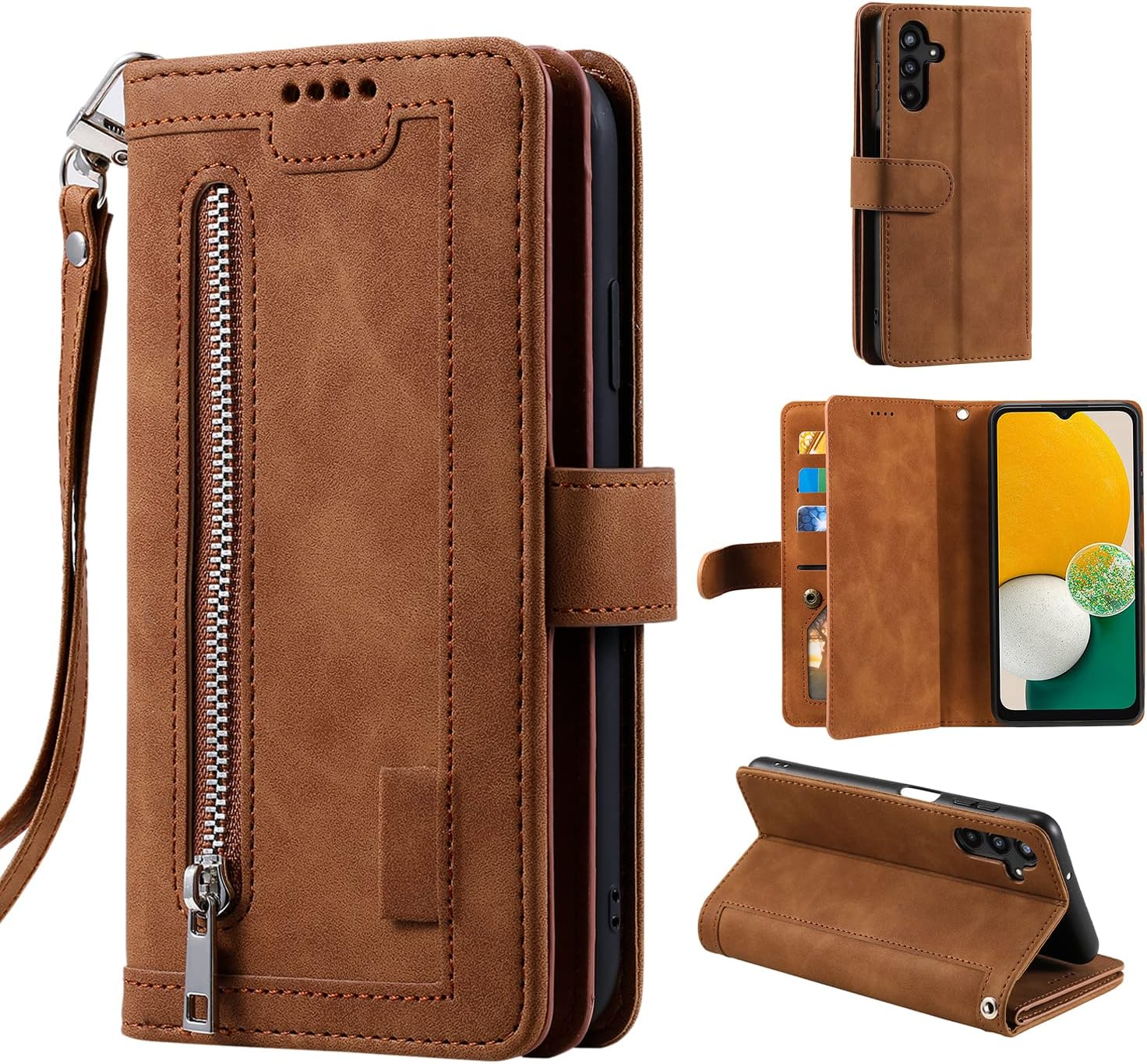 EYZUTAK Wallet Phone Case for Samsung Galaxy A15 4G/5G, Retro Matte 9 Card Holder Slots Zipper Pocket Handbag Case PU Leather Magnetic Closure Kickstand with Wrist Strap Flip Purse Case - Rose Gold