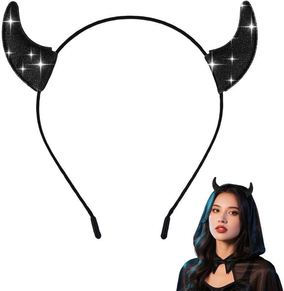 Glitter Devil Horn Headband Halloween Cosplay Costumes for Girls Women Black Horns Halloween Costume Accessories for Kids Adult Sparkly Bling Devil Horns Cosplay Horn Hair Accessories for Party Outfit