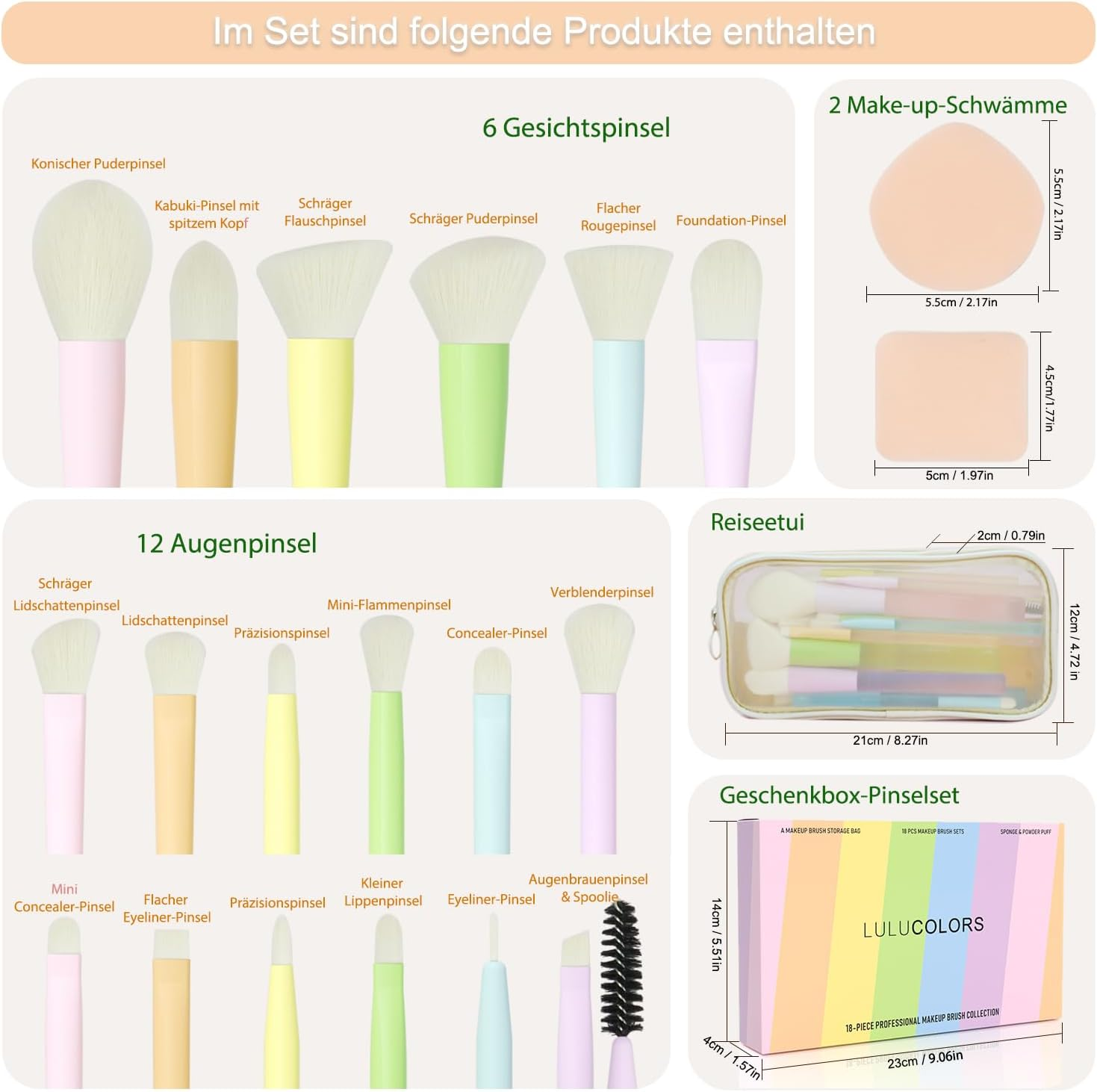 LULUCOLORS Makeup Brush Set 18 Pieces - Soft Vegan Makeup Brushes with Beauty Sponges, Colourful Handles & Aluminium Ferrule, Skin-Friendly, Includes Storage Bag & Gift Box