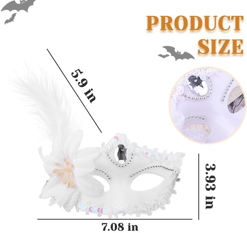 White Masquerade Eye Mask for Women Girls Cosplay Party Decoration Rhinestone Lace Feather Masks for Halloween Costumes Masquerade Accessories image number 2