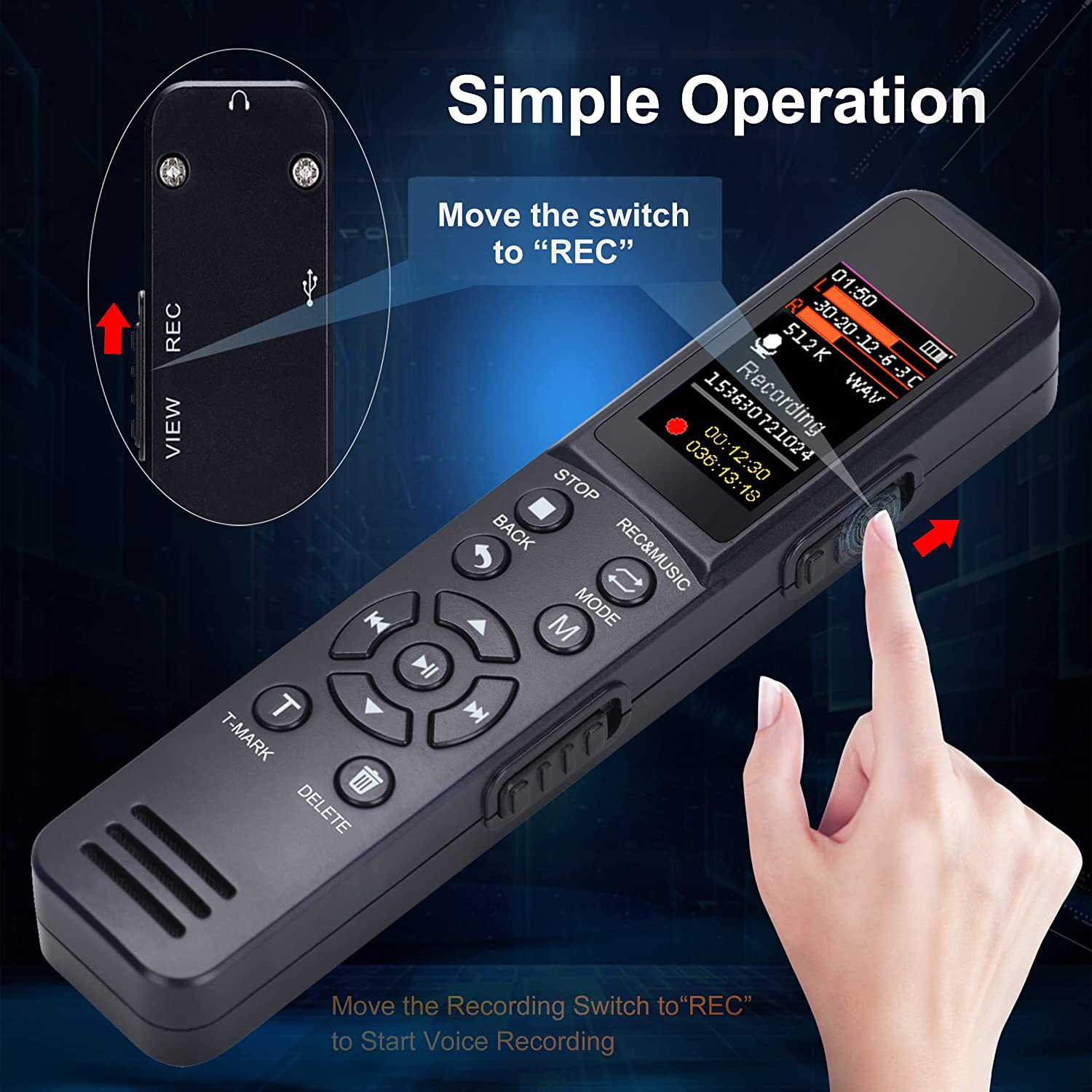 32GB Voice Recorder with Noise Cancellation & Voice Activation for Lectures, Interviews, Classes, and Meetings. 40 -Hour Battery Life, External Memory Support, USB File Transfer, Playback, MP3 Player