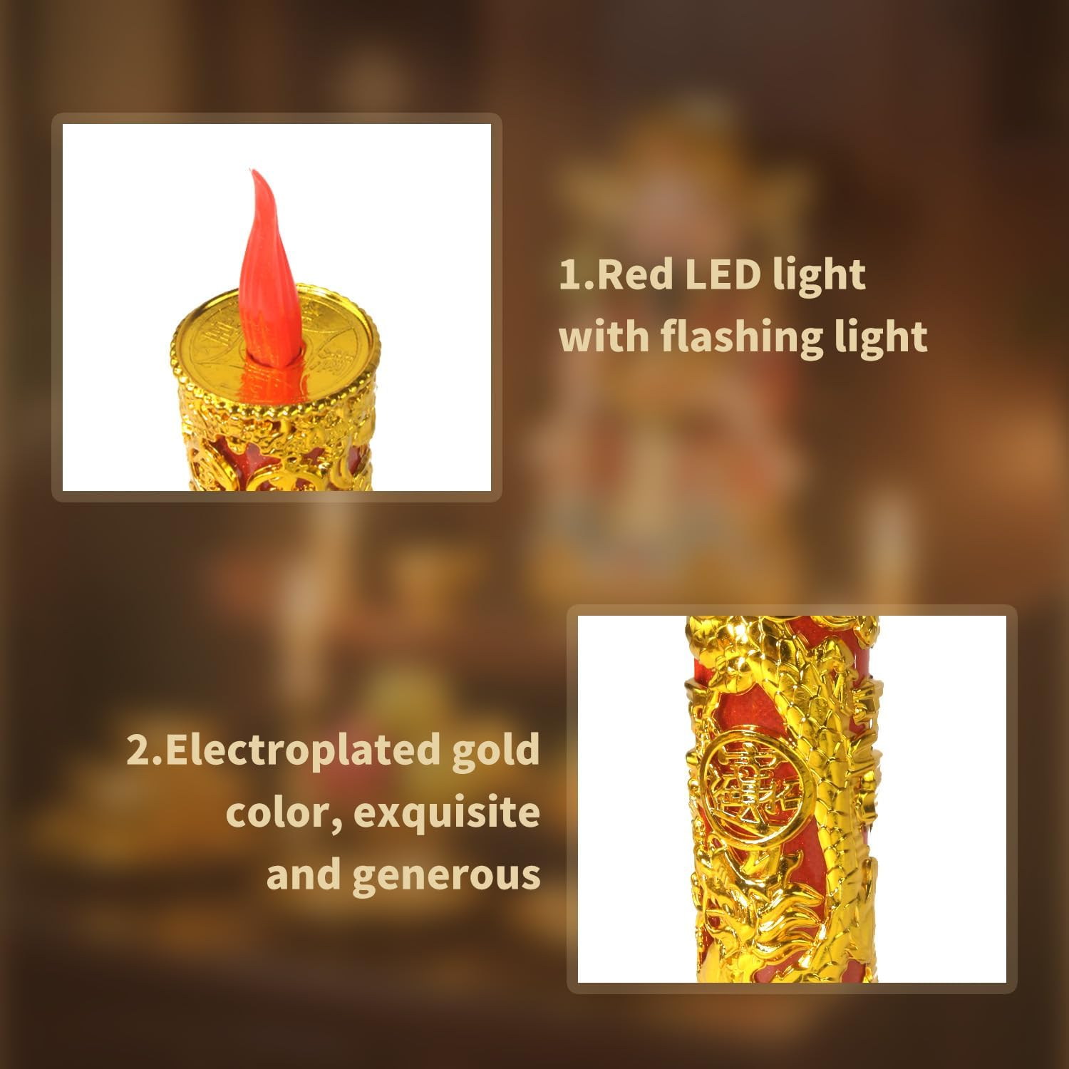 BOROLA 2Pcs Chinese Buddhist Flameless LED Candle Lamp - Traditional Red Lantern Design, Retro Light for Meditation, Altar & Feng Shui D&eacute;cor image number 2