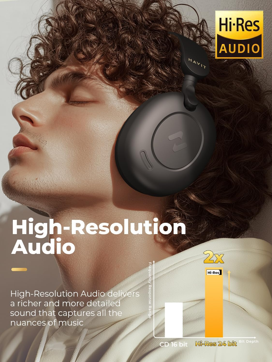 Havit Bluetooth Headphones with Hybrid Active Noise Cancellation, Hi-Res Wireless Headphones with 5 Microphone ENC, 76 Hours Playtime, Foldable over Ear Headphones Bluetooth with Deep Bass image number 2