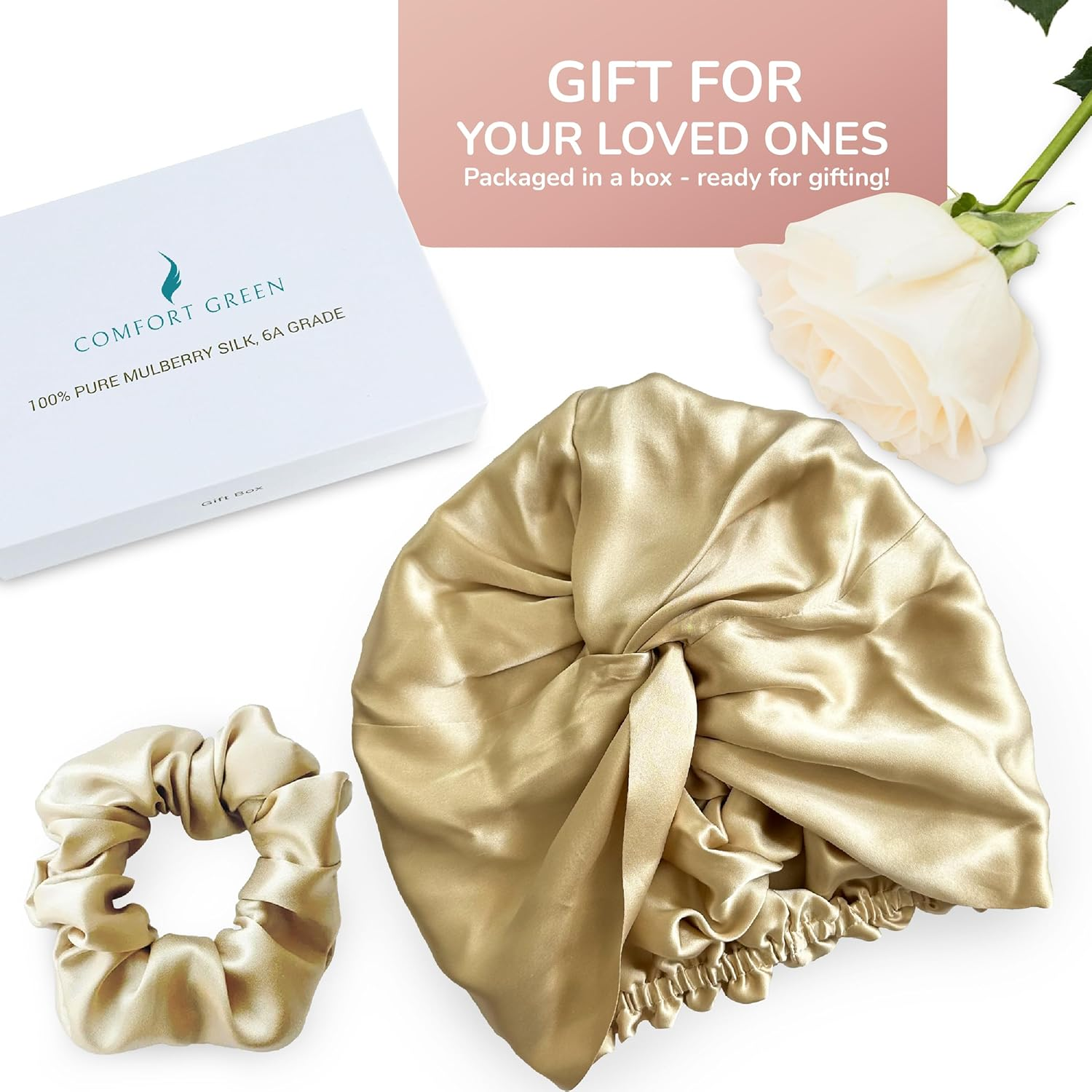 100% Mulberry Silk Hair Bonnet for Sleeping Women Double Layer with Elastic Band16 Momme 6A Grade Pink and Champagne Colours with Scrunchie and Gift Box (Pink) - Pink image number 4