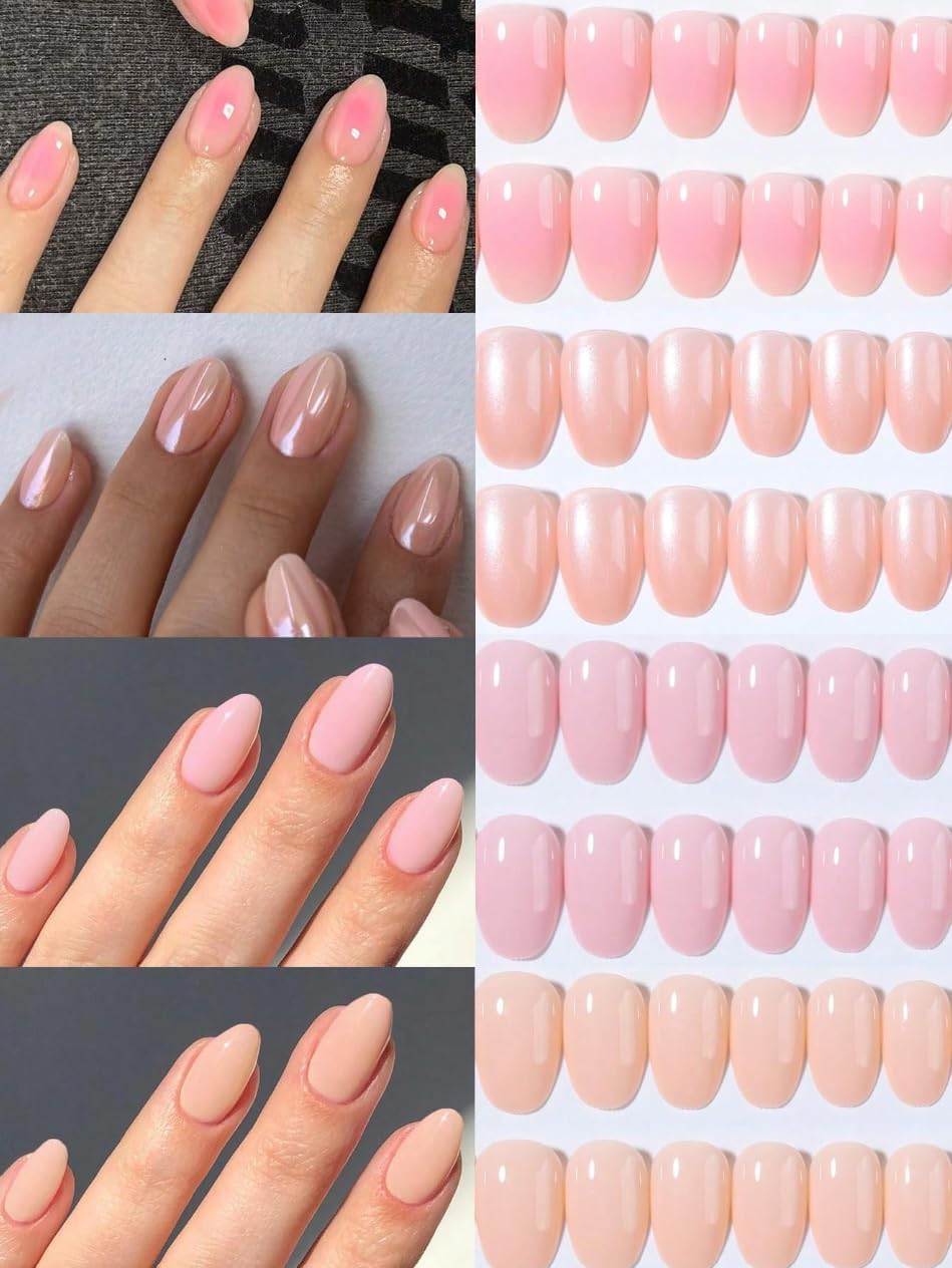 Almond Press-On Nails, 96 Pieces, French Tip Design with Pearls, Black/Red/White/Pink Tips (96-Piece Short Oval Press-On Nails Set, Pink Shades Design)