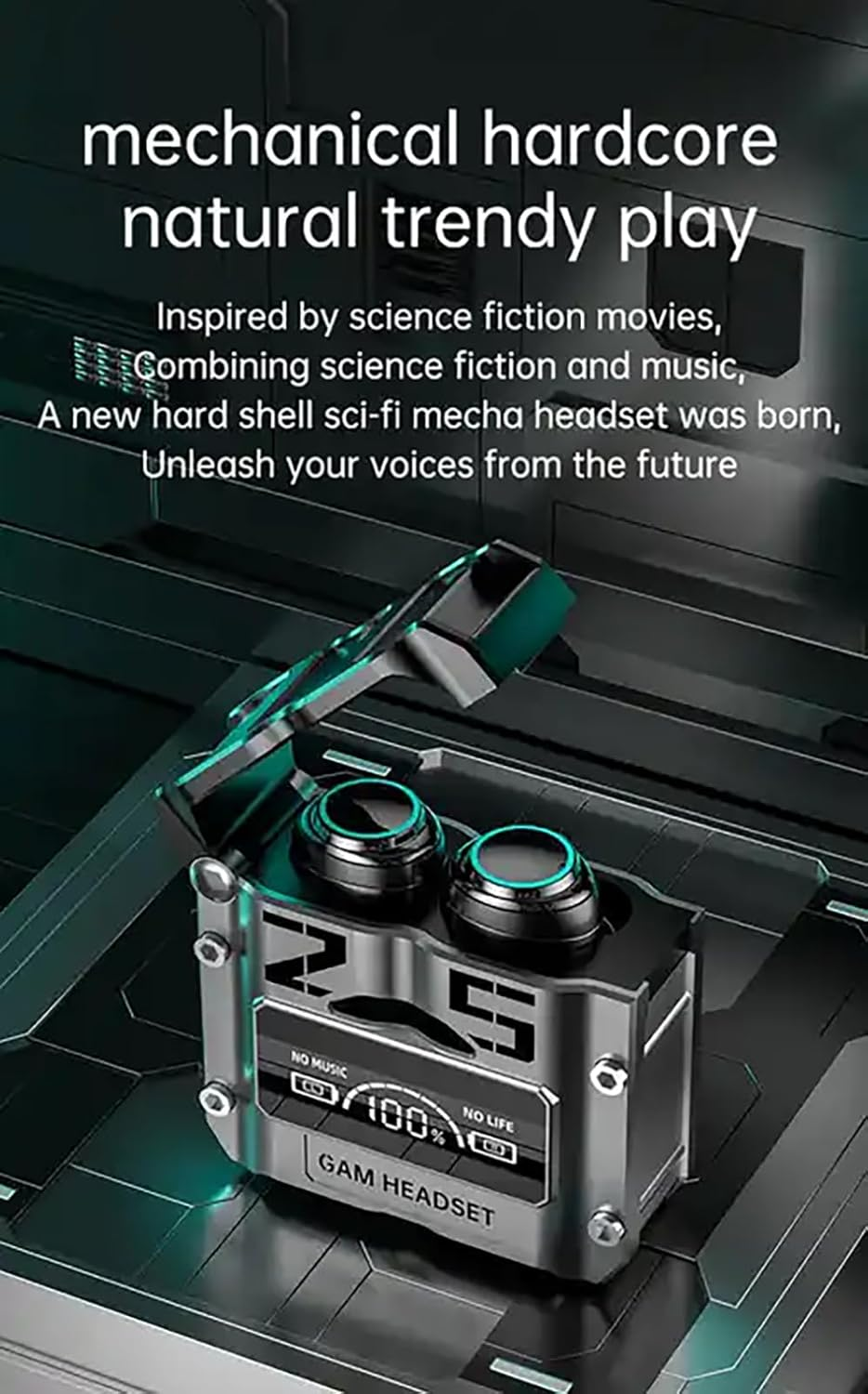 ELLENNE - Headphones Bluetooth 5.2 ANC - Futuristic Fantasy - Simil Metallic - Wireless M25 TWS Sport Waterproof Fitness Long Durability M25