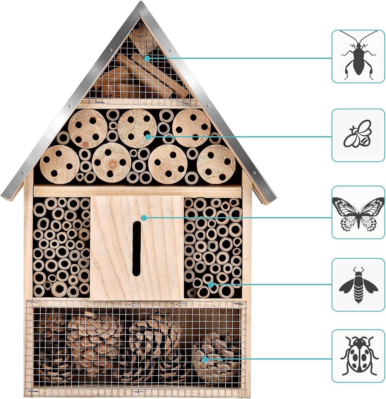 Wooden Mason Insect House, Outdoor Hanging Bamboo Habitat for Bees, Butterflies, Ladybugs - Garden Insect Hotel, 9 X 15.7 X 2.5 Inch image number 3