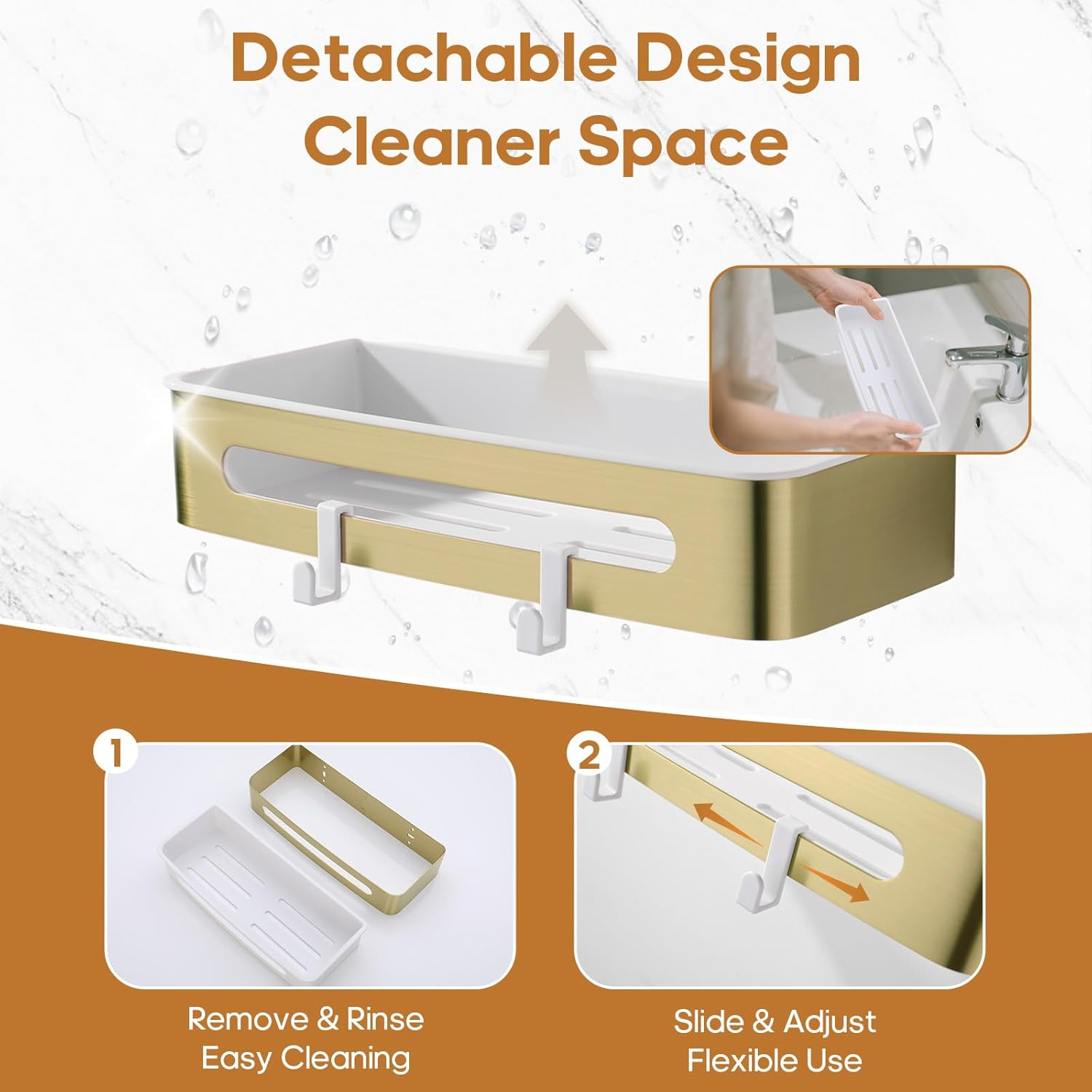 Decaura Shower Caddy Stainless Steel, Wall Mounted Shower Basket with Removable Plastic Liner, Bathroom Organizer with Hooks, Rustproof, Brushed Gold - Brushed Gold image number 6