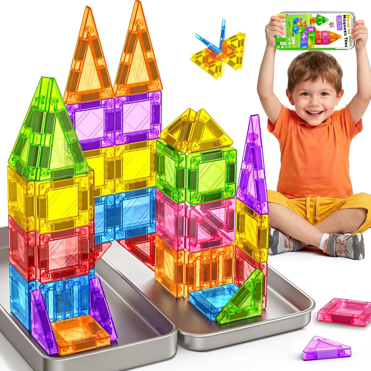 40PC Travel Magnetic Tiles for Kids Ages 3-5 with Iron Box Magnet Mini Building Blocks Kids Plane Toys for 3 4 5 6 7+Year Old Boys Girls Toddler Preschool STEM Construction Christmas Birthday Gifts image number 2