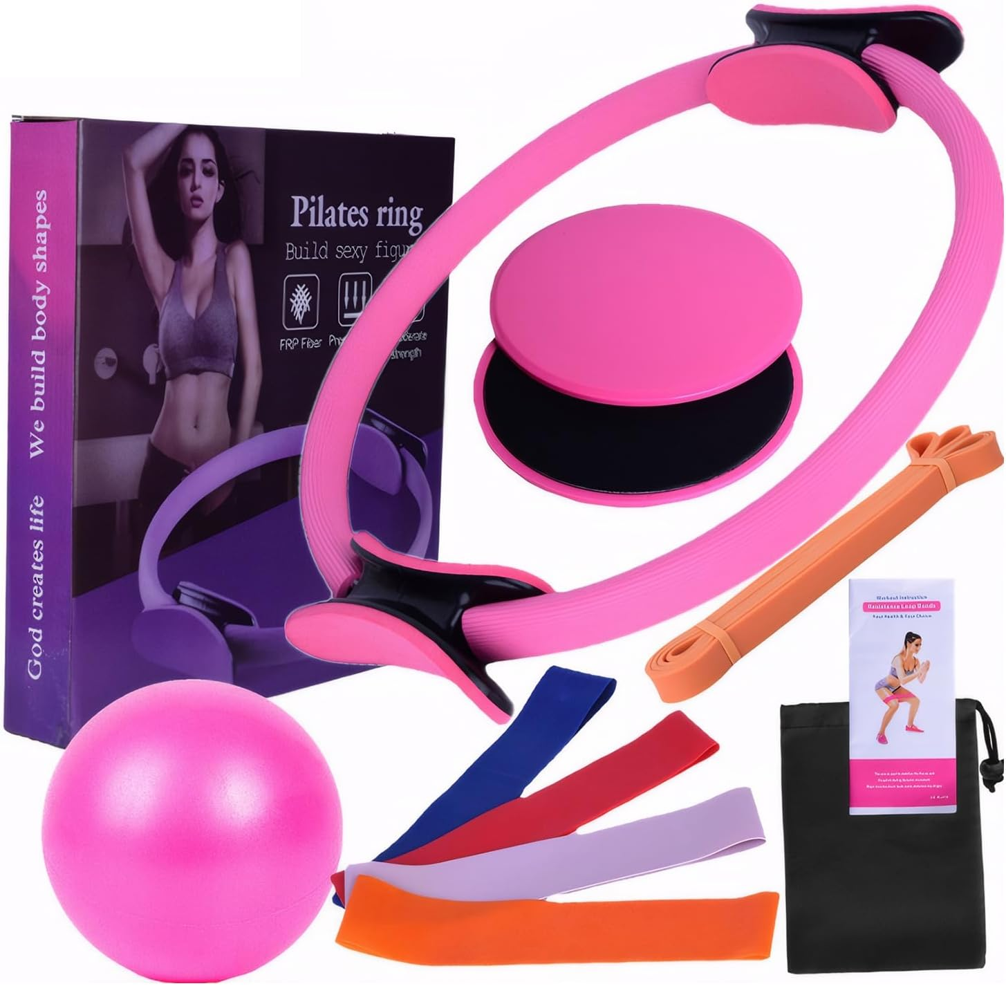 HOOMFIT Pilates Set,Portable Pilates Equipment,Home Fitness Kit,Yoga Sets for Core Training, Yoga and Hip Shaping（With Pilates Circle, Yoga Ball, Glide Plate, Etc. ）