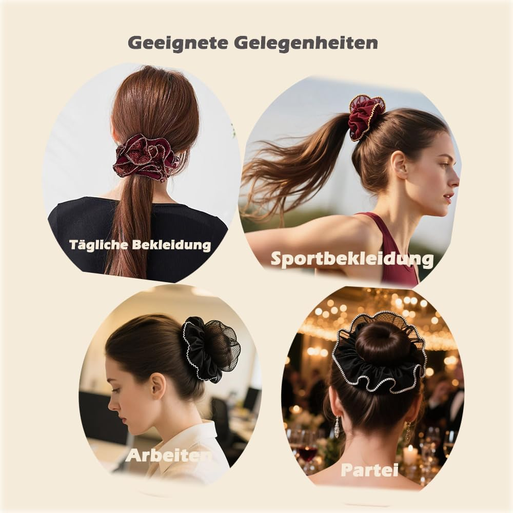 Hair Scrunchie, Satin Silk Hair Bobbles, Ponytail Holder, Elastic Hair Band Made of Chiffon, Large Flower, Women'S Elastic Bands, Golden Silk Edge Shape for Women (Pack of 1) image number 3