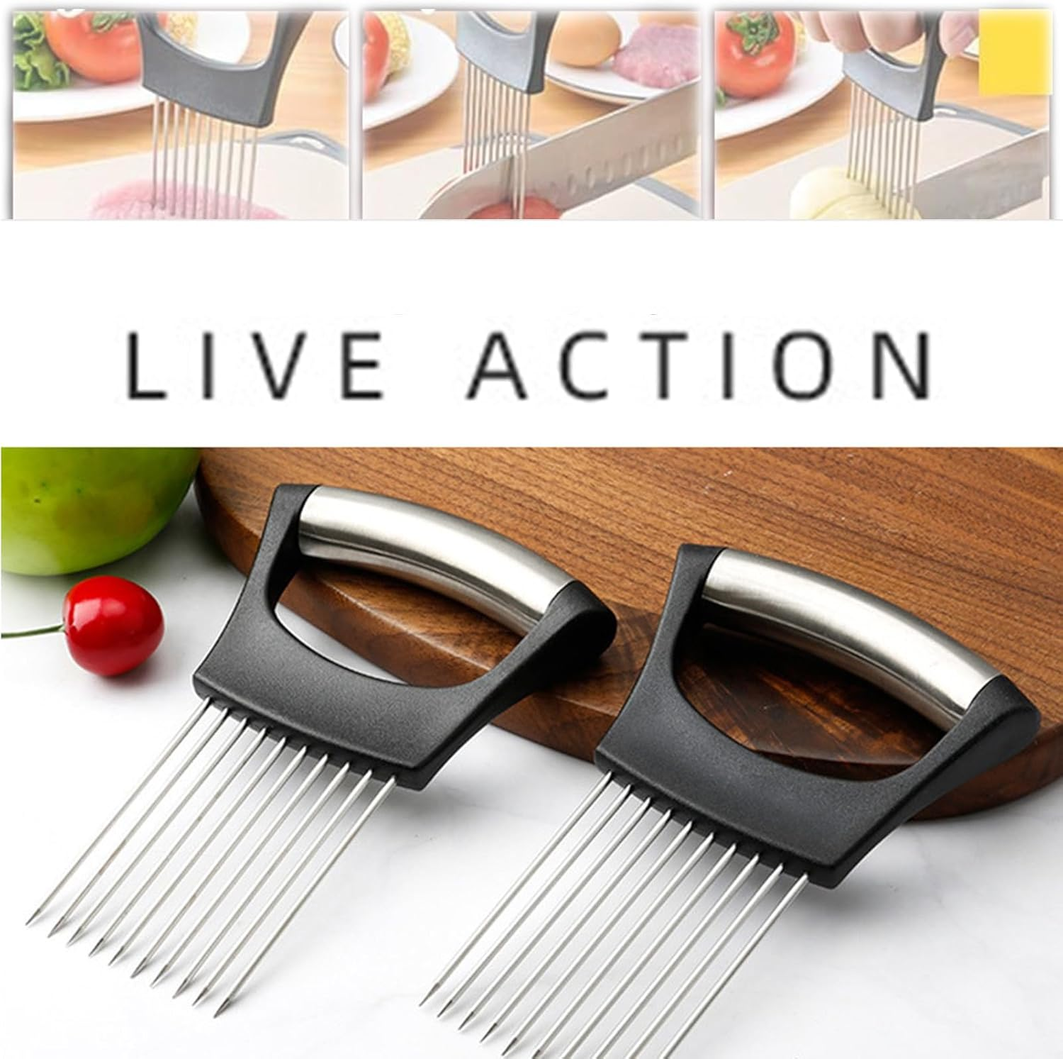 Onion Holder, 2025 New Stainless Steel Holder for Slicing, Chopper Assistant Tool, Cutter for Meat, Onion, Potato, Tomato - Kitchen Gadgets