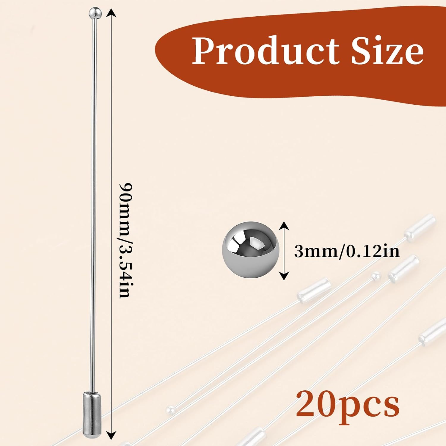 20 Pcs Brooch Safety Pins Silver Metal Stick Pin round Ball Metal Brooch Boutonniere Sticks for DIY Costume,Suit Tie Hat Pin,Jewelry Making Accessories,90 Mm image number 2