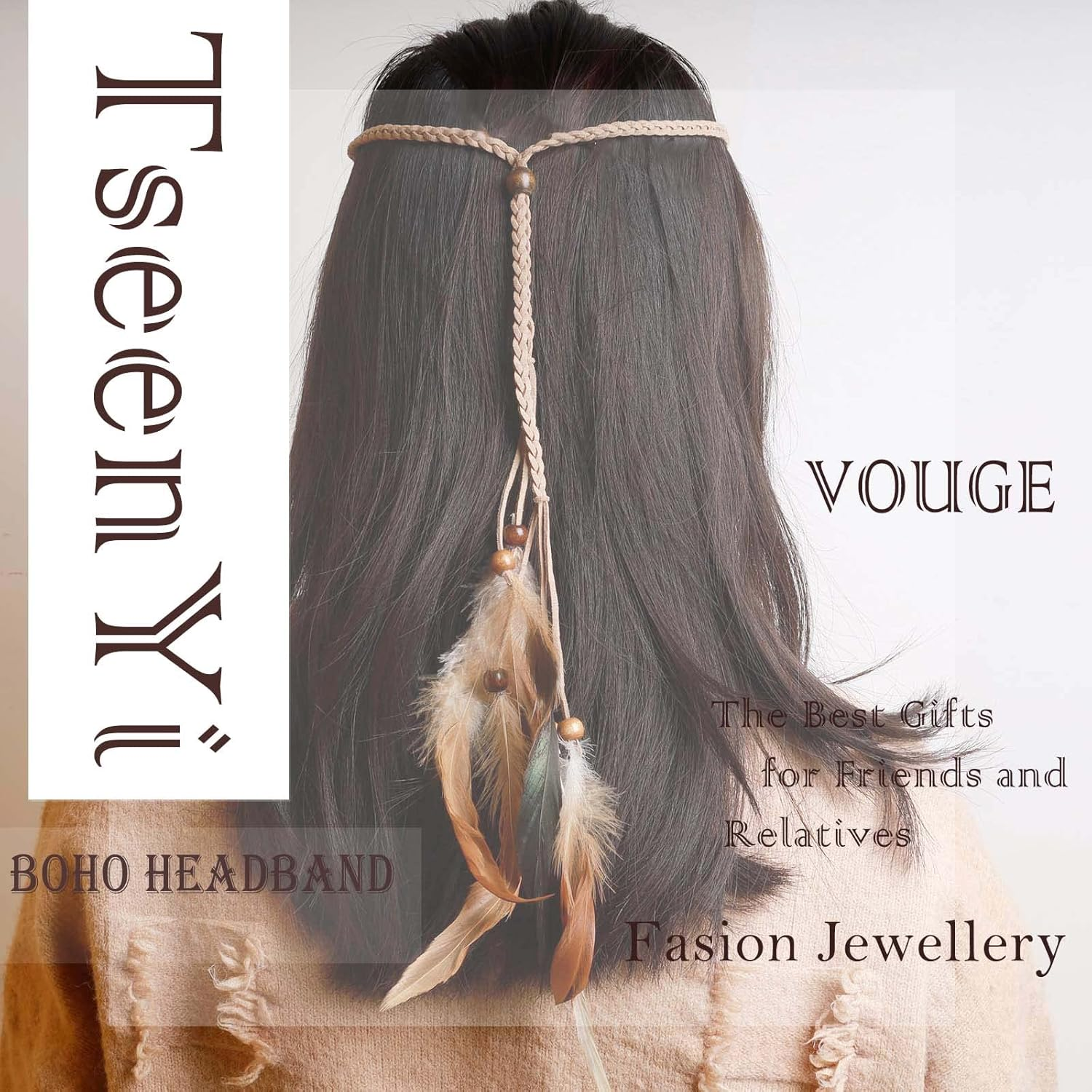 Tseenyi Gypsy Feather Headband Hairband Boho Feather Hairband Beads Feather Tassel Headband Jewellery for Women and Girls Christmas Stage Performance (Beige) image number 3