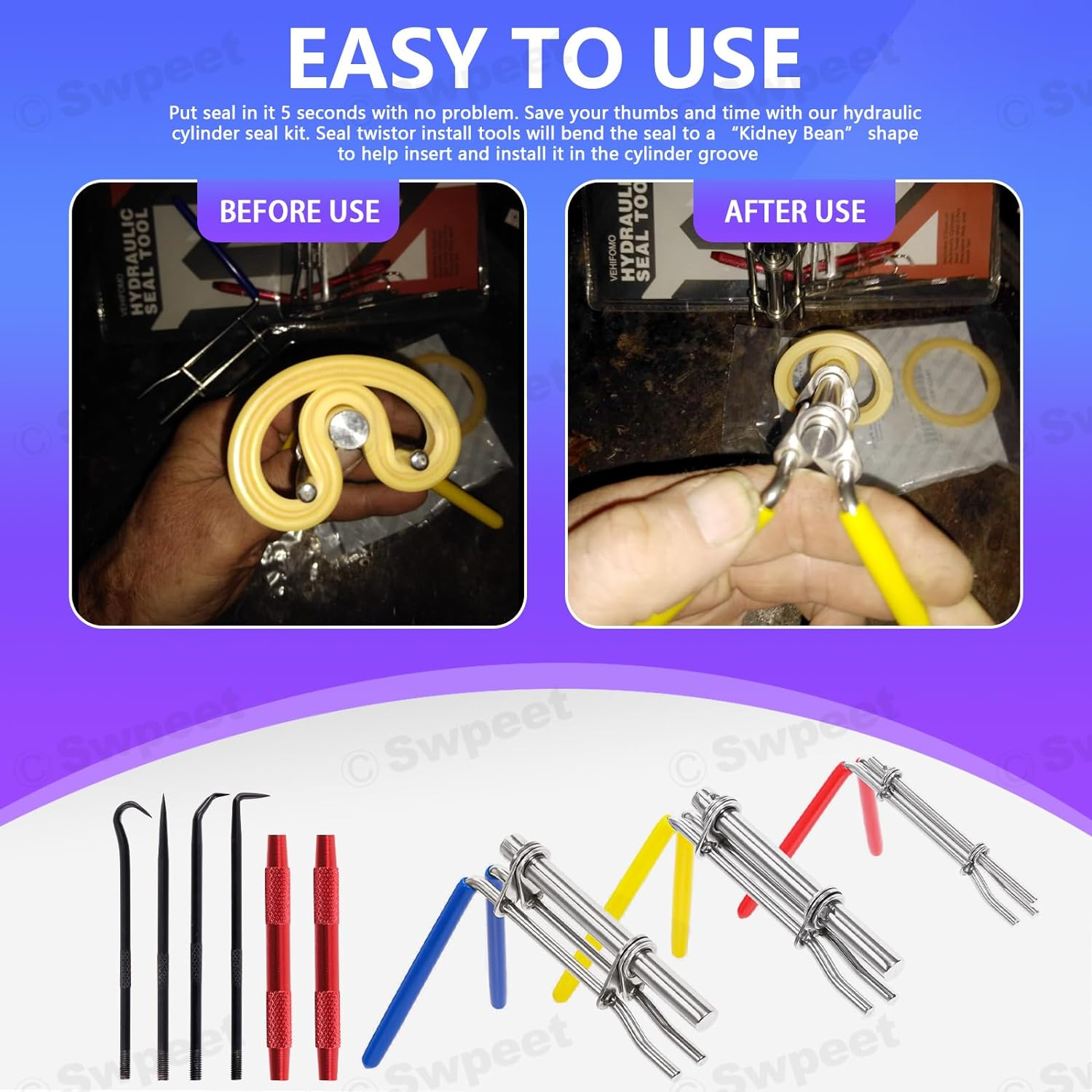 Swpeet 5Pcs Hydraulic Seal Installation Tool Hydraulic Cylinder Piston Repair Seal Tools U-Cup Rod Seal Twister Installation Tool with Pick and Hook Kit O-Rings Install Tool Set for Automotive（S/M/L） image number 3