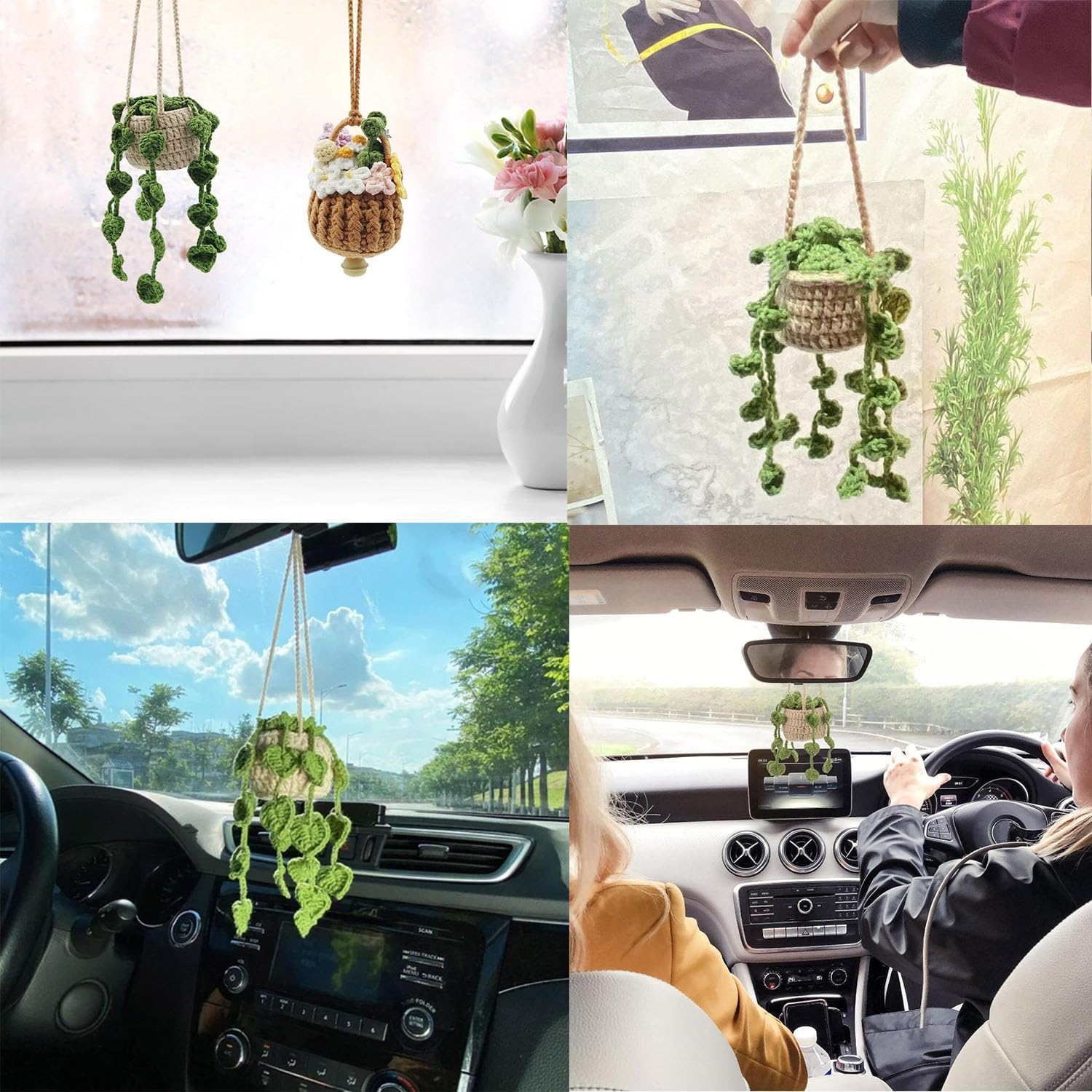 Crochet Hanging Plant for Car, 2 Pcs Car Decoration Hand Knitted Car Pendant for Women Cute Car Plant Accessories Knitted Plant Car Mirror Hanger Boho Car Plant Crochet Hanging Basket image number 3