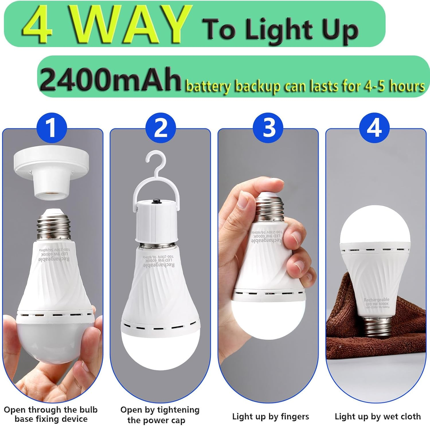 Danyee Emergency Rechargeable Light Bulb 2400Mah 9W 6000K 60W Equivalent LED Light Bulbs (Wihte 2Pack) image number 5