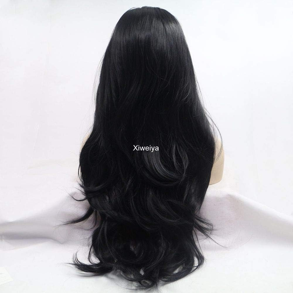 Xiweiya Long Natural Wavy Synthetic Lace Front Wigs for Black Women Black Hair Wig Heat Resistant Fiber Half Hand Tied 24Inch - Black image number 5