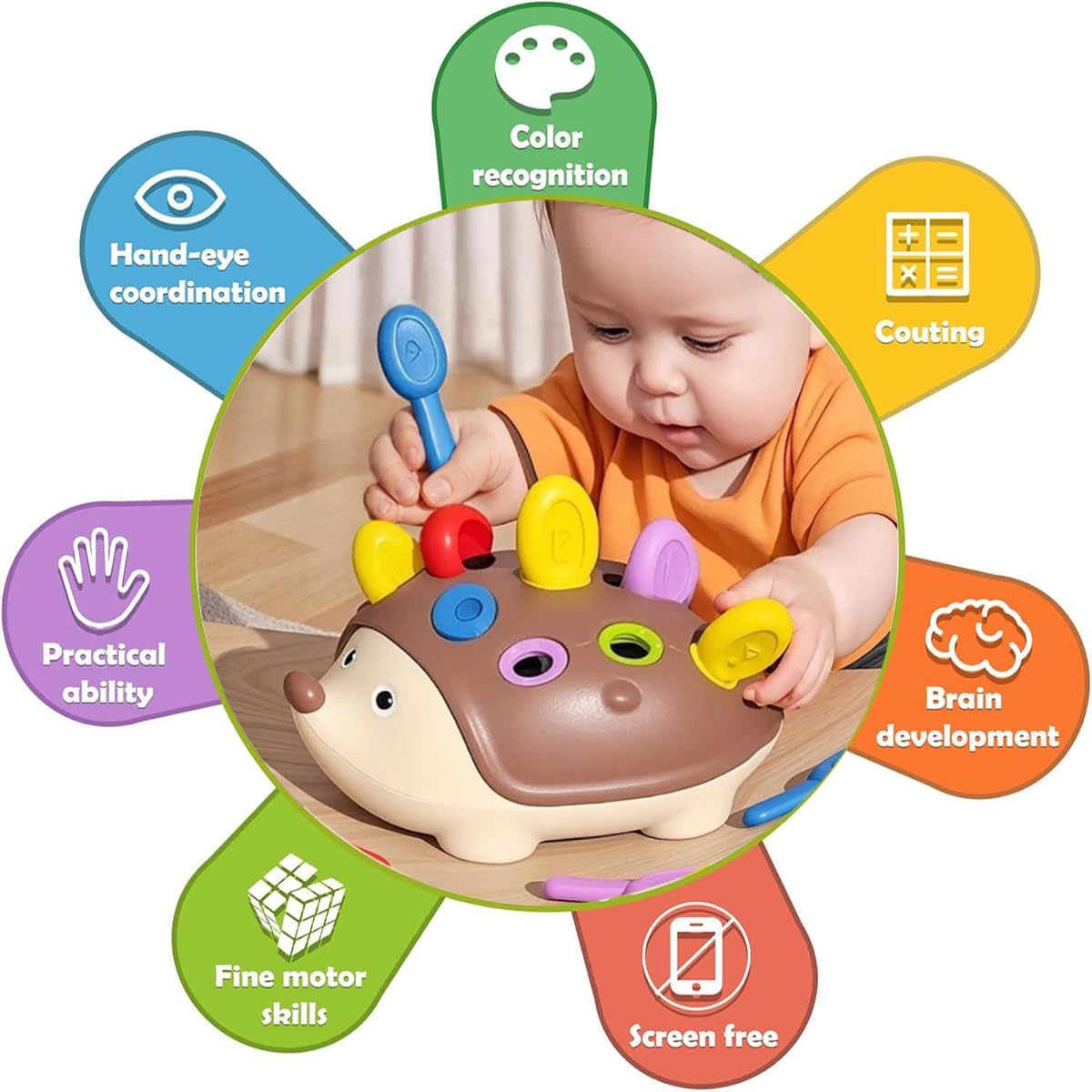 Fine Motor Skills Toys for Toddlers 1-3, Vamotto Hedgehog Montessori Toys with Color Sorting & Counting, Sensory Learning Toys for Baby 12-36 Months, Educational Toy Boys Girls image number 1