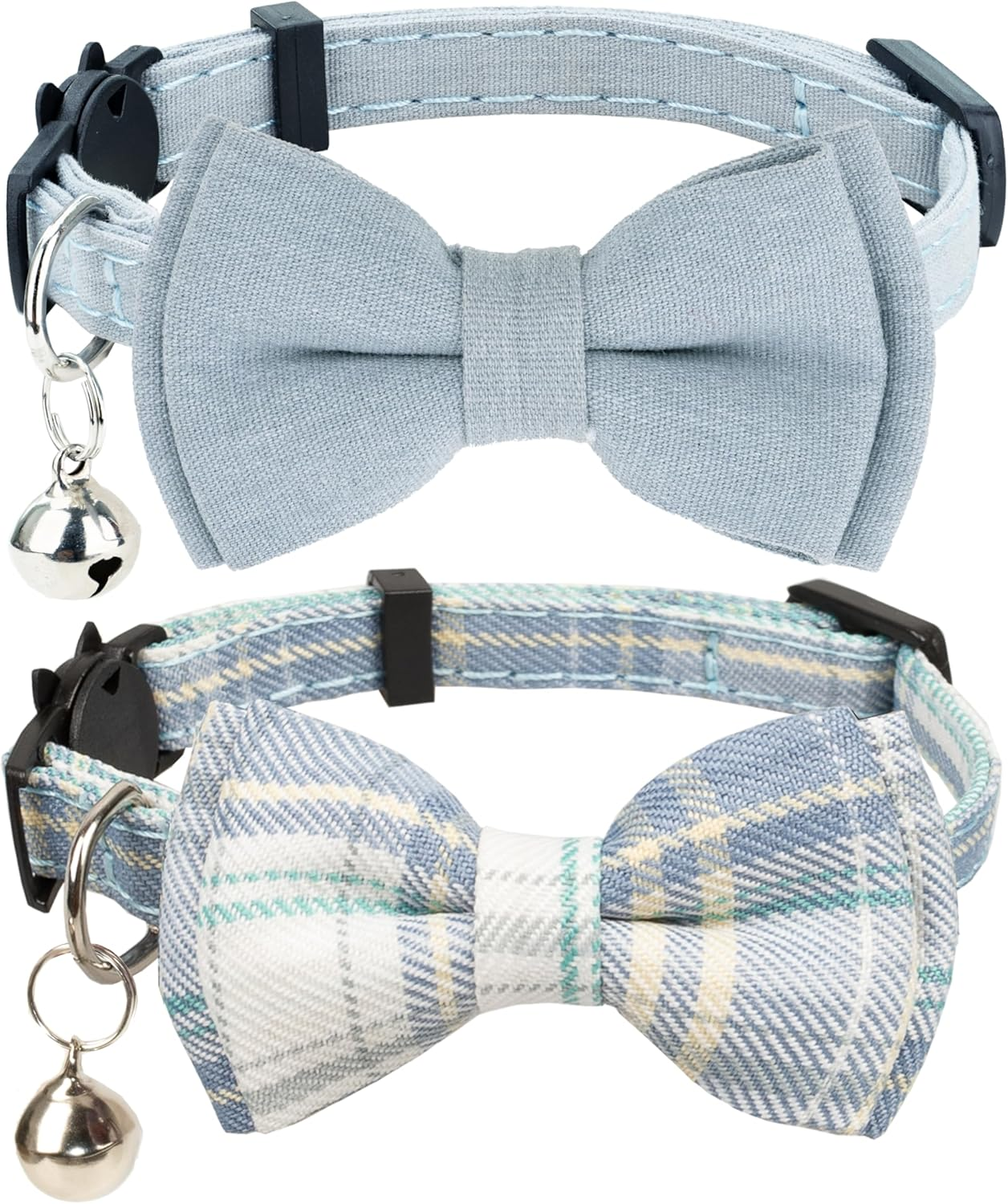 Gyapet Cat Collar Breakaway Bowtie Safety with Bell Adjustbale Kitten Puppy Solid Plaid Color Set D-[2Pcs] Blue