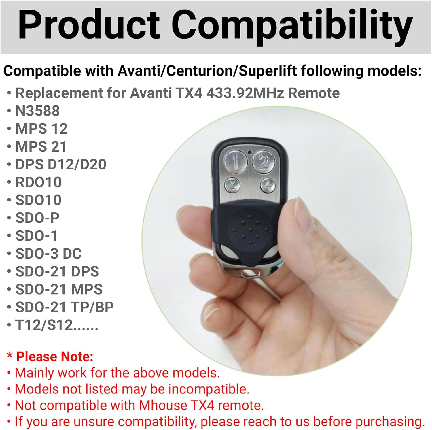 Garage or Gate Remote Compatible with Avanti/Centurion/Superlift Door Opener, Replacement for Avanti TX4 Garage Door Remote Control, 433.92Mhz 4-Channel Transmitter (1 Pack) image number 4