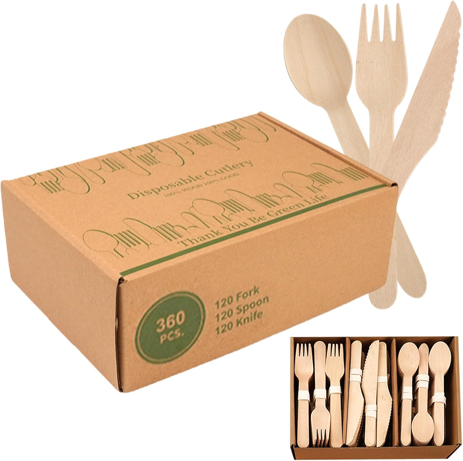 TNGAMFGT 360 Pieces Wooden Disposable Cutlery(120 Forks, 120 Spoons, 120 Knives)