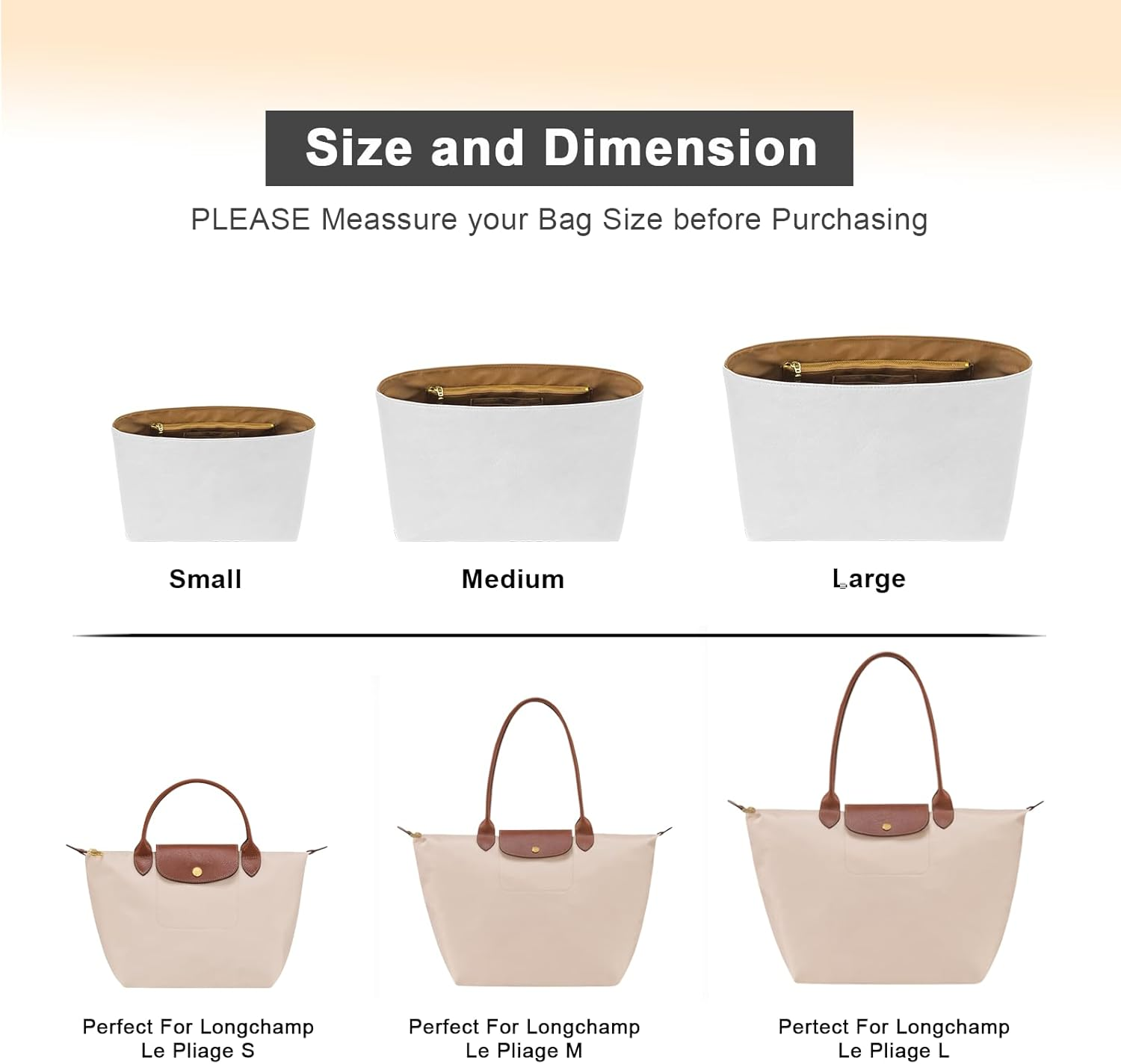 LOUKAYCCI New Dupont Paper Purse Organizer Insert for Longchamp Le Pliage M Handbag Insert (White&Brown, Medium)
