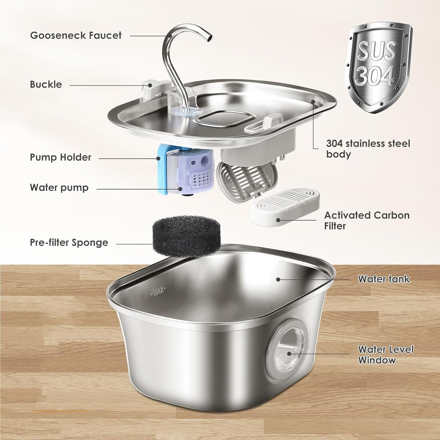 Cat Water Fountain, 3.2L Stainless Steel Pet Fountain with Water Level Window, Automatic Ultra Quiet Dog Water Dispenser, Dishwasher Safe Cat Fountain, Ideal for Cats and Dogs, AU Plug image number 4