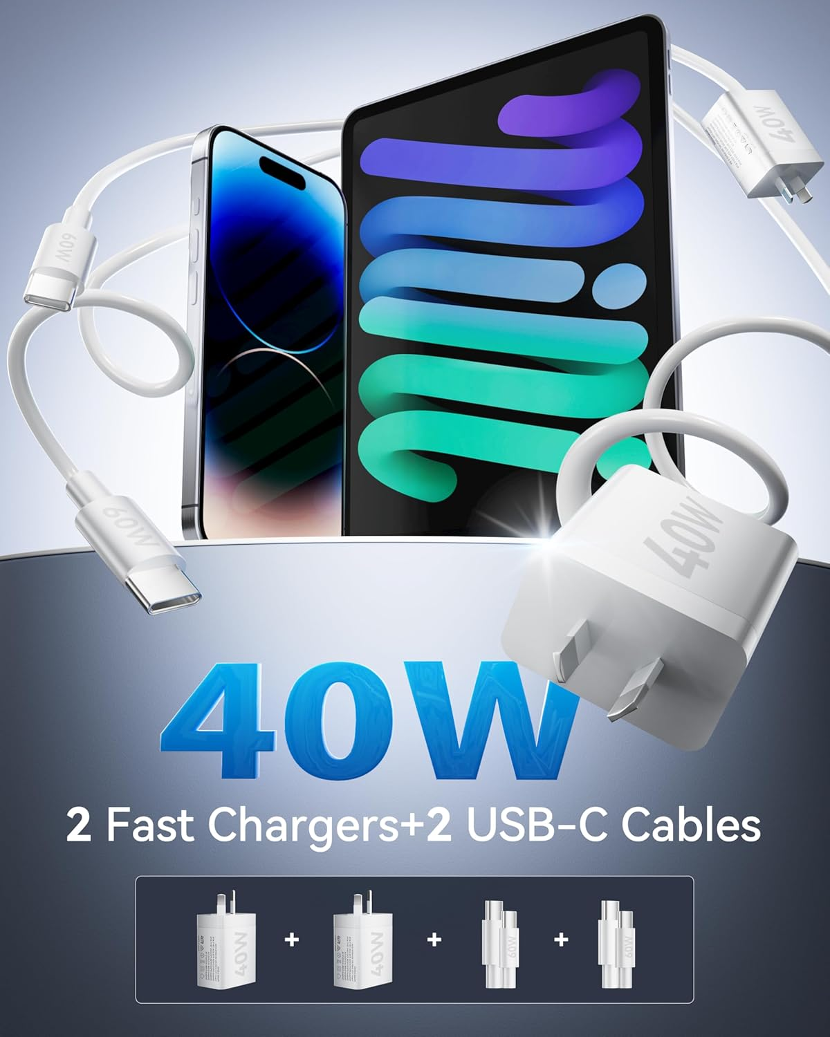 Mosiller USB C Fast Charger - 2Pack 40W Dual USB C Wall Charger - 4 Port 20W USB C Power Adapter with Dual PD USBC Charger with C to C Fast Charging Cable Compatible Iphone,Samsung, Laptop image number 1