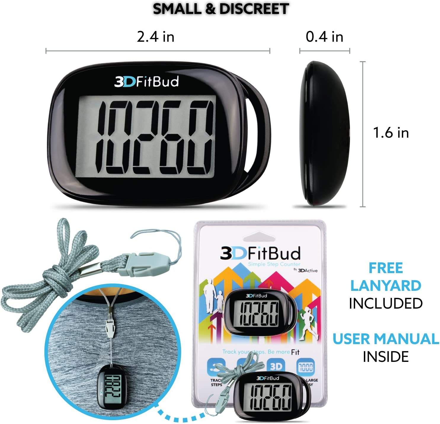 3Dfitbud Simple Step Counter Walking 3D Pedometer with Lanyard A420S (Black) image number 4