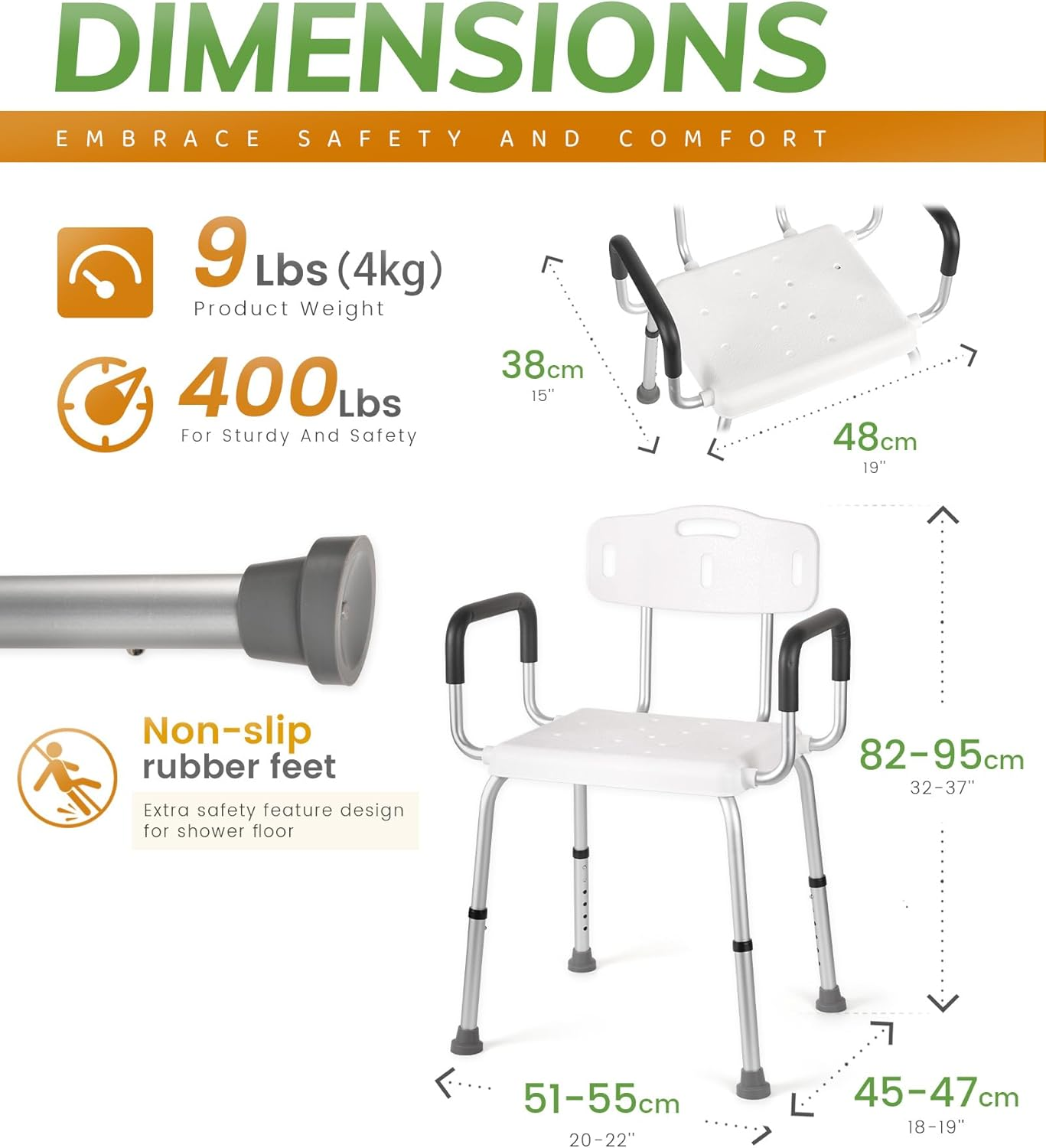 STABASE Heavy-Duty Shower Chair with Arms and Backrest &ndash; 180Kg Capacity, Adjustable Height Bath Seat for Elderly, Seniors, Disabled & Injured Adults image number 3