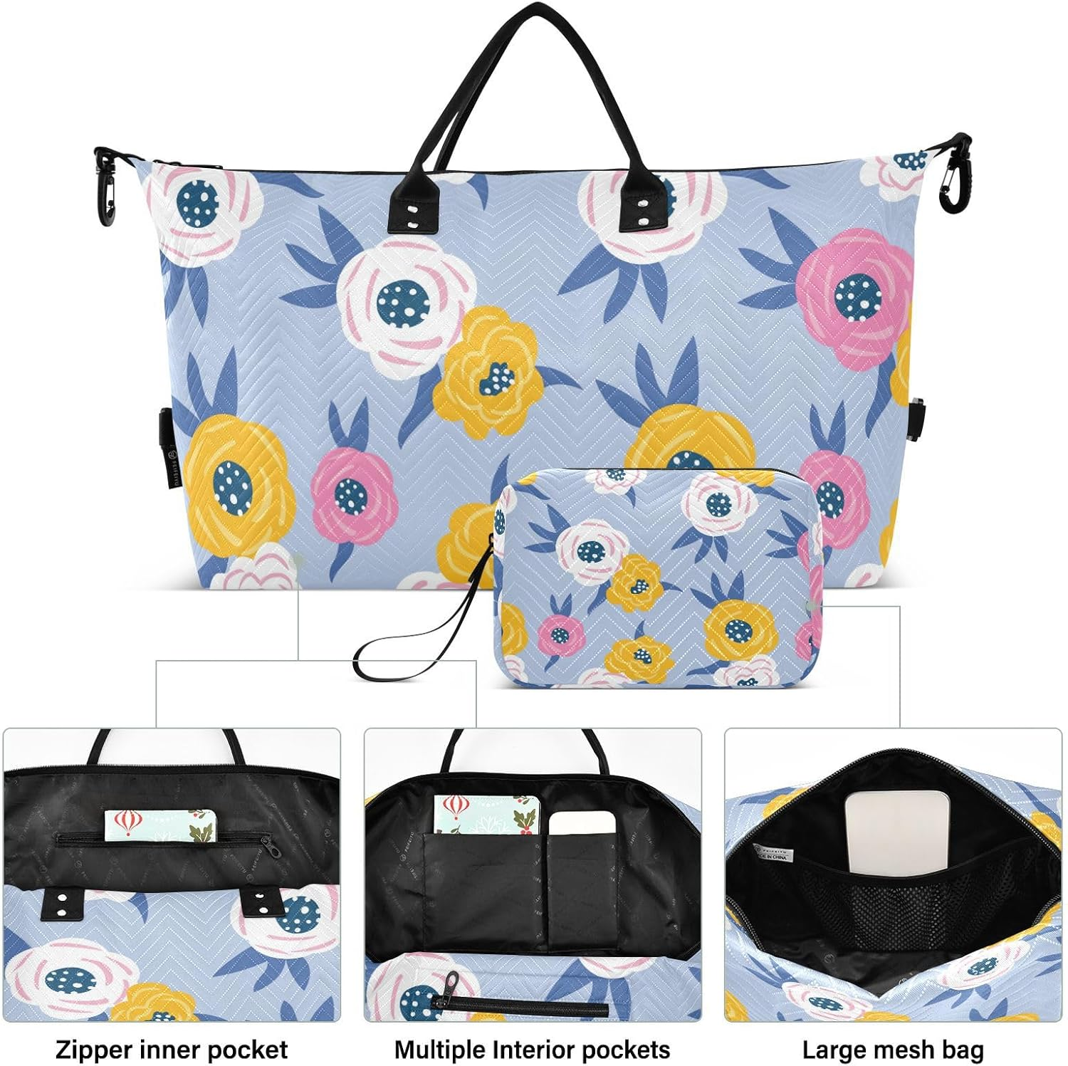 Fun Floral Blue Travel Bag Travel Weekender Gear Bag Tote Bag with Adjustable Strap for Trip 2 Pcs Set, Fun Floral Blue, One Size, Fun Floral Blue, One Size image number 6