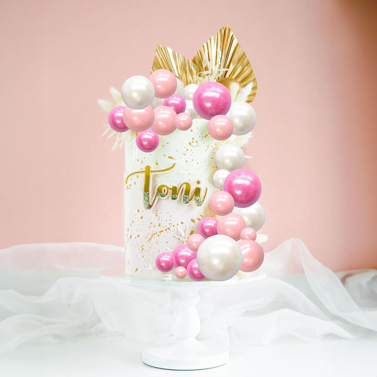 Ephlyn 30Pcs Balls Cake Topper Foam Ball Cake Picks Mini Balloon Cupcake Insert Bubble Balls DIY Decoration for Baby Shower Kids Birthday Party Decorations Pearl White Pink Rose Red image number 5