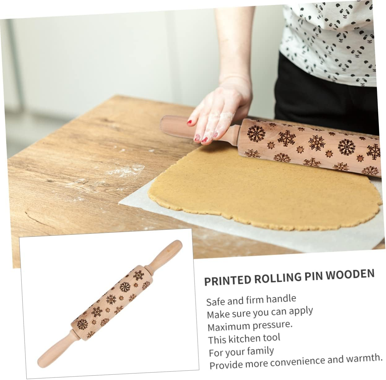 Snowflake Print Rolling Pin Wooden Christmas Embossing Roller Non-Slip Handle for Baking image number 1