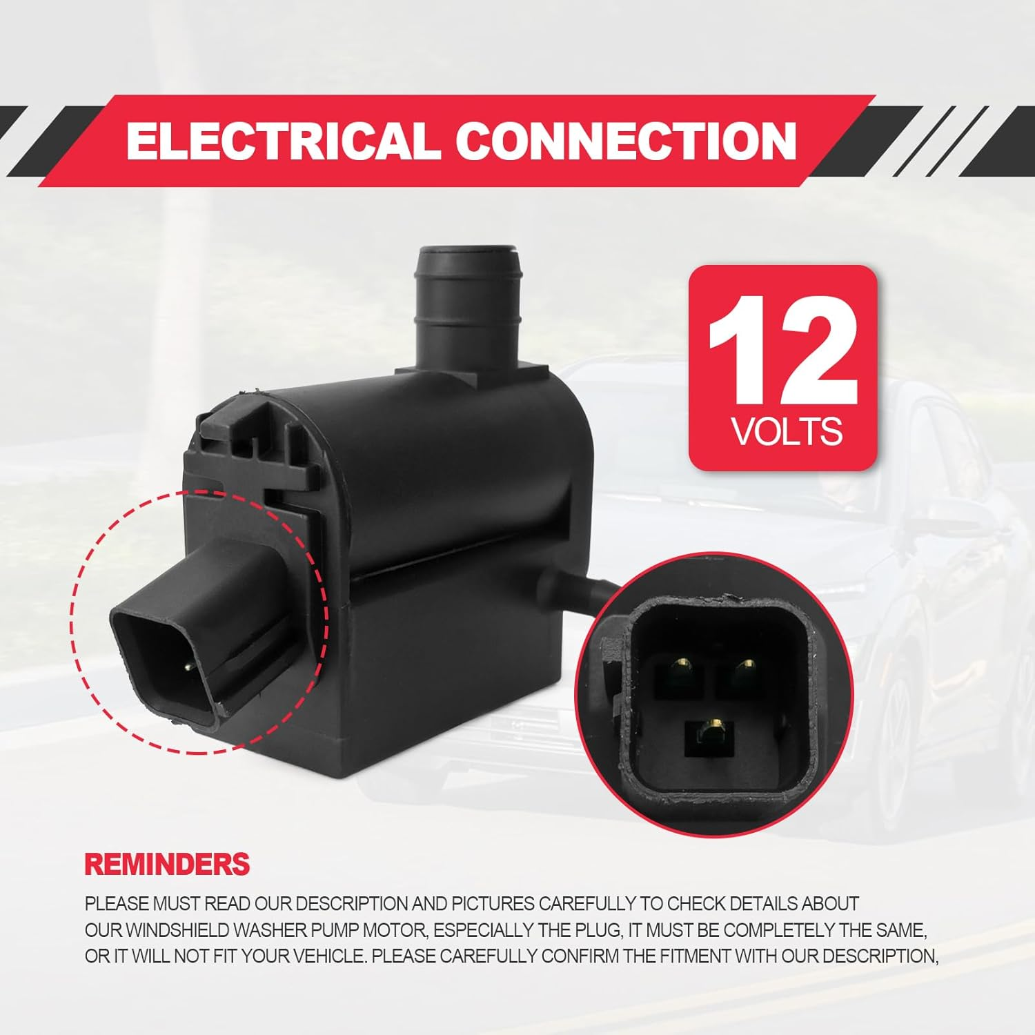 Windshield Washer Pump, Compatible with Hyundai, Kia, Replaces OEM: 98510-1C100, 98510-26100, 98510-1W000, 98510-2K000, Washer Fluid Pump with Grommet image number 6