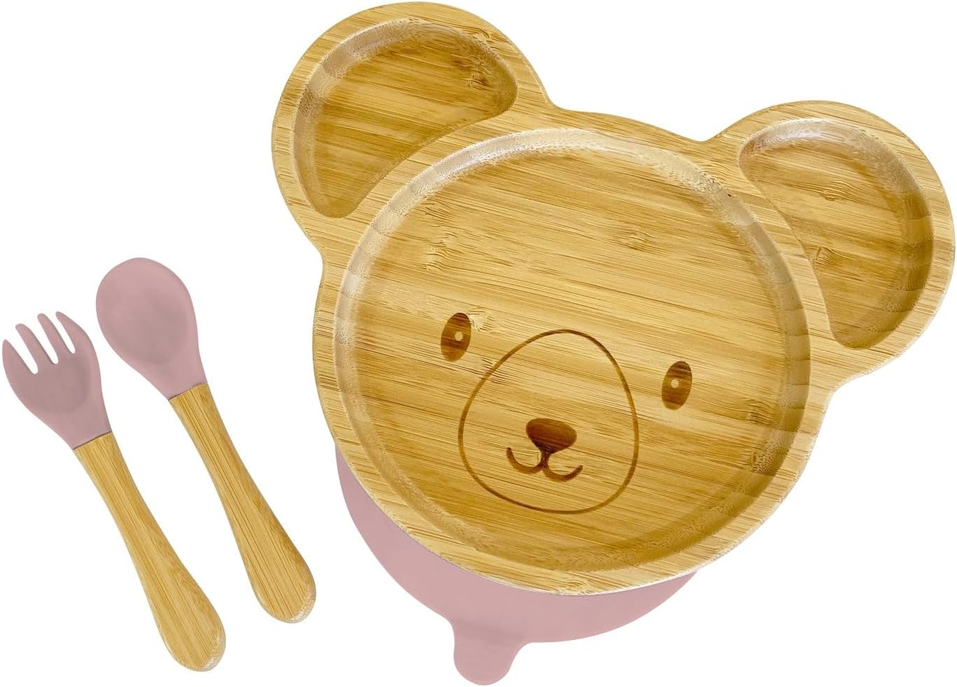 Baby Bamboo Suction Plate and Cutlery Set - Baby Weaning Set for Toddler Bear Shape - Silicone Suction Sticks to Most High Chairs for Non-Slip & Silicone Spoon Tips with Wood Handle (Tropical Peach)