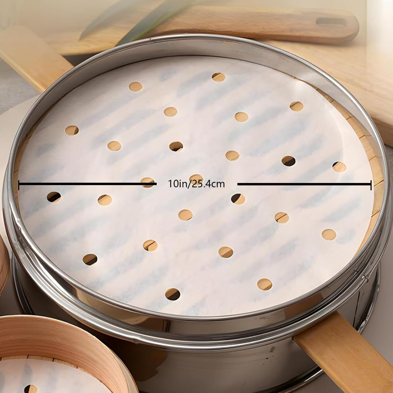 200Pcs round Bamboo Steamer Pieces of Dumpling Paper,10In/25.4Cm Steamer Liner with Holes, Paper Parchment Paper for Air Frying and Baking image number 6