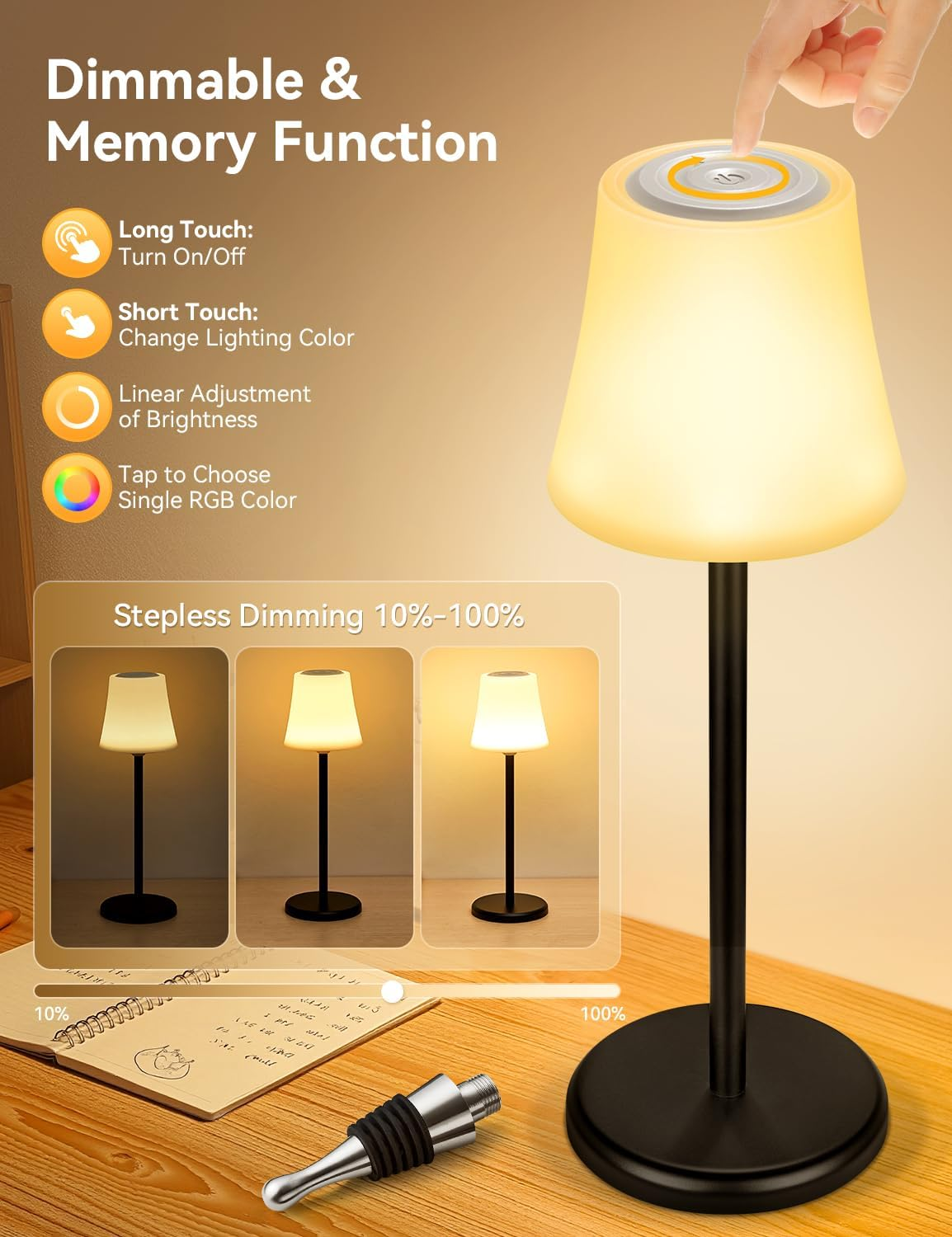 Rechargeable Cordless Table Lamp, Wireless LED Wine Bottle Light, 4000Mah Battery Operated Touch Lamps, IP54 Waterproof Portable Desk Lamps with 3 Color Stepless Dimmable for Indoor/Outdoor/Bars(2Pc) image number 5
