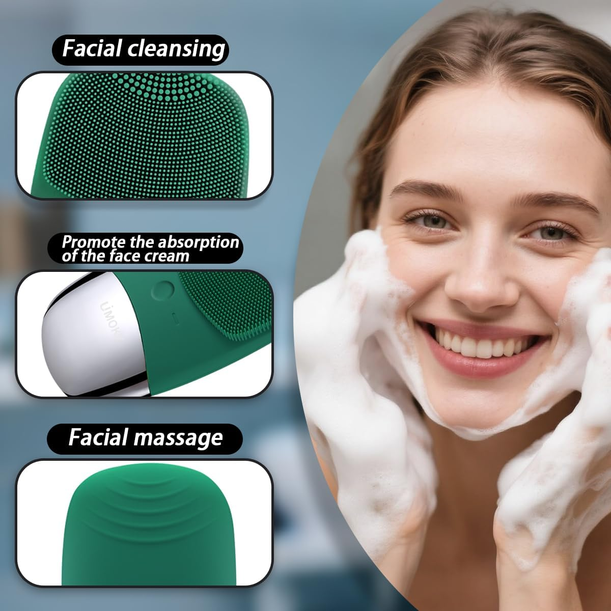 Facial Cleansing Brush, 3-In-1 Electric Silicone Face Scrubber, Vibrating Massager, IPX7 Waterproof, USB Rechargeble Pore Brush for Deep Cleanning, Blackhead Remover, Exfoliating (Green)