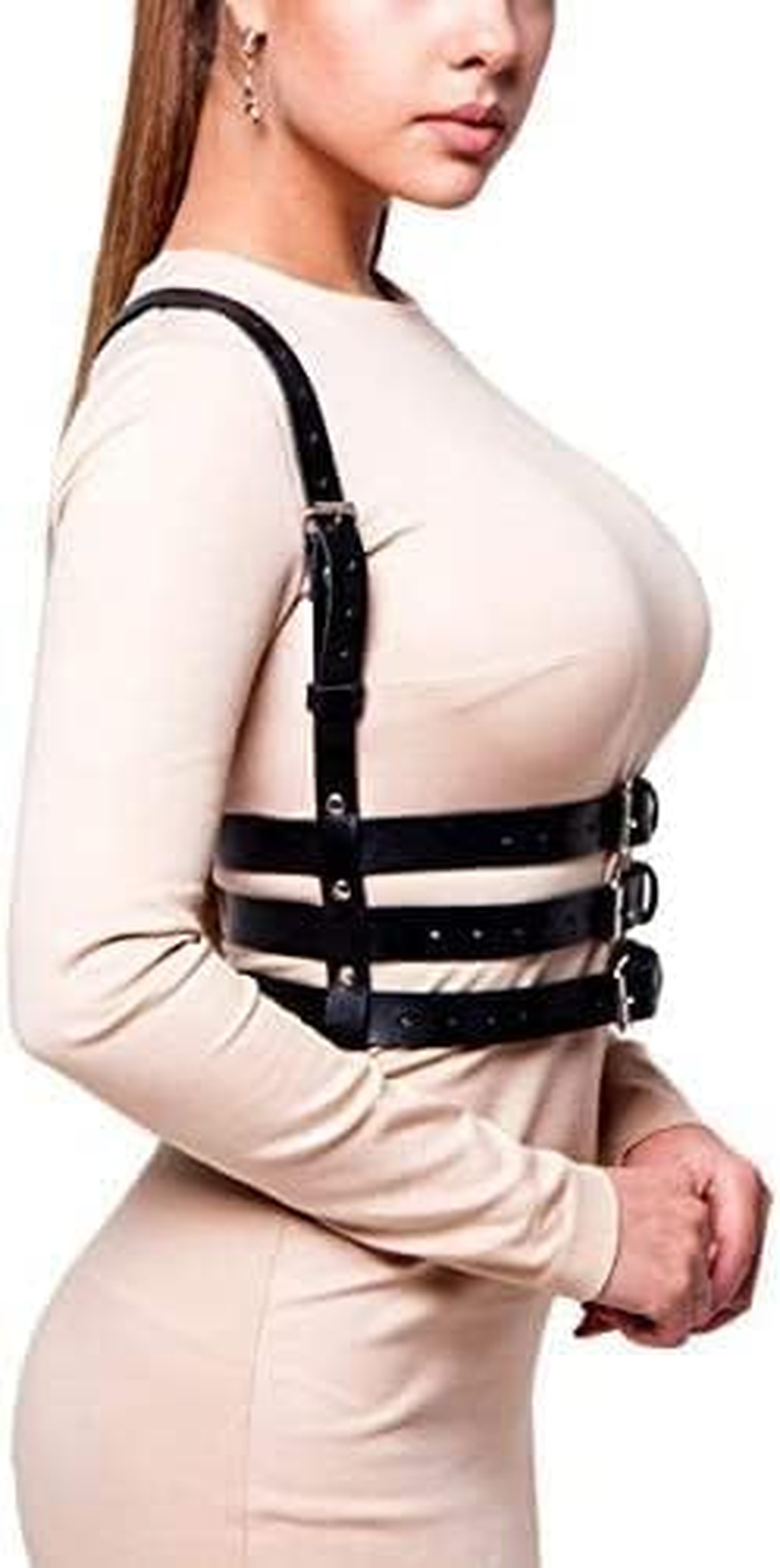 Women Rave Body Chest Harness Waist Belt Caged Bra Festival Dance Club Party Black image number 4