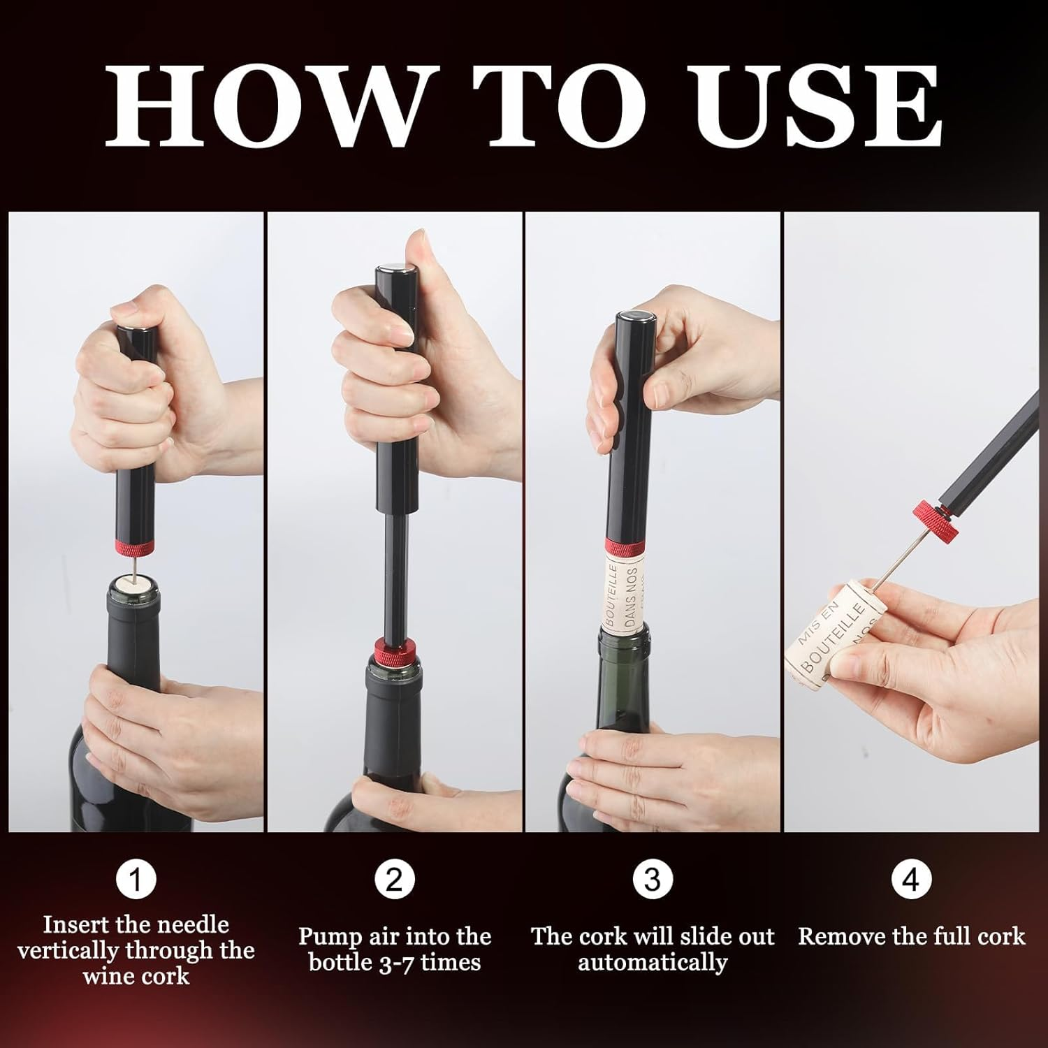 Marchpower Air Pressure Pump Wine Bottle Opener for Removing Cork, Professional Handheld Portable, 7S Quick Opening for Home Bars Travel Picnic, No Damage Cork, Effortless, Red image number 2
