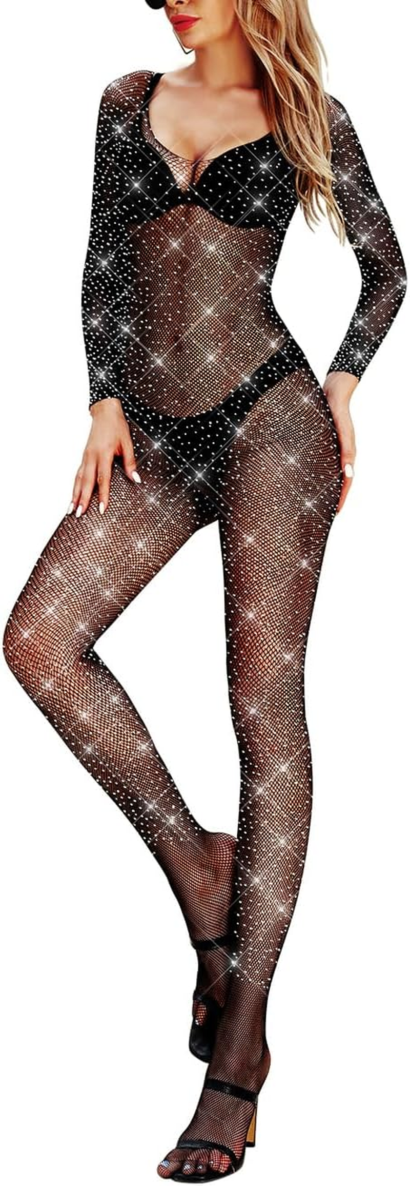 LUCKELF Womens Classic Fishnet Bodystocking Lingerie Party Sparkle Rhinestone Stockings One Piece