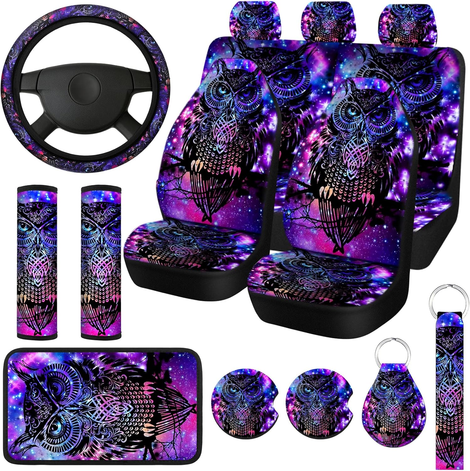 Riakrum 15 Pcs Purple Colorful Owl Car Seat Covers Full Set Space Cats Car Covers for Front Rear Seat Steering Wheel Wrist Strap Armrest Pad Shoulder Pads image number 1