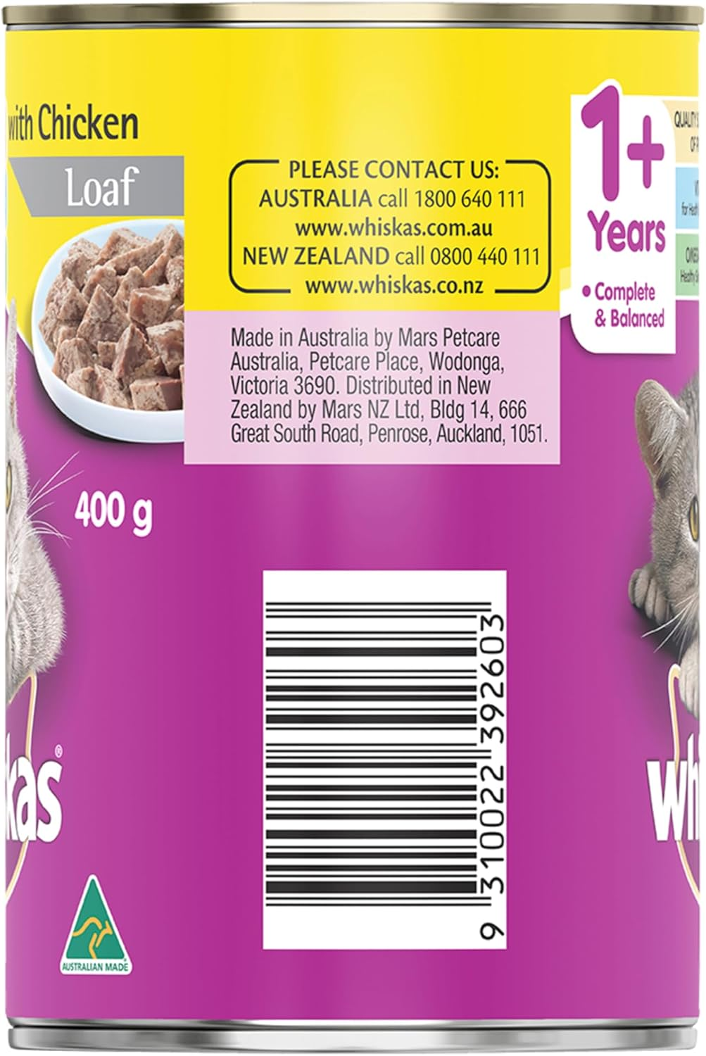 Whiskas Adult Wet Cat Food Chicken Loaf Can 400G Can, 24 Pack