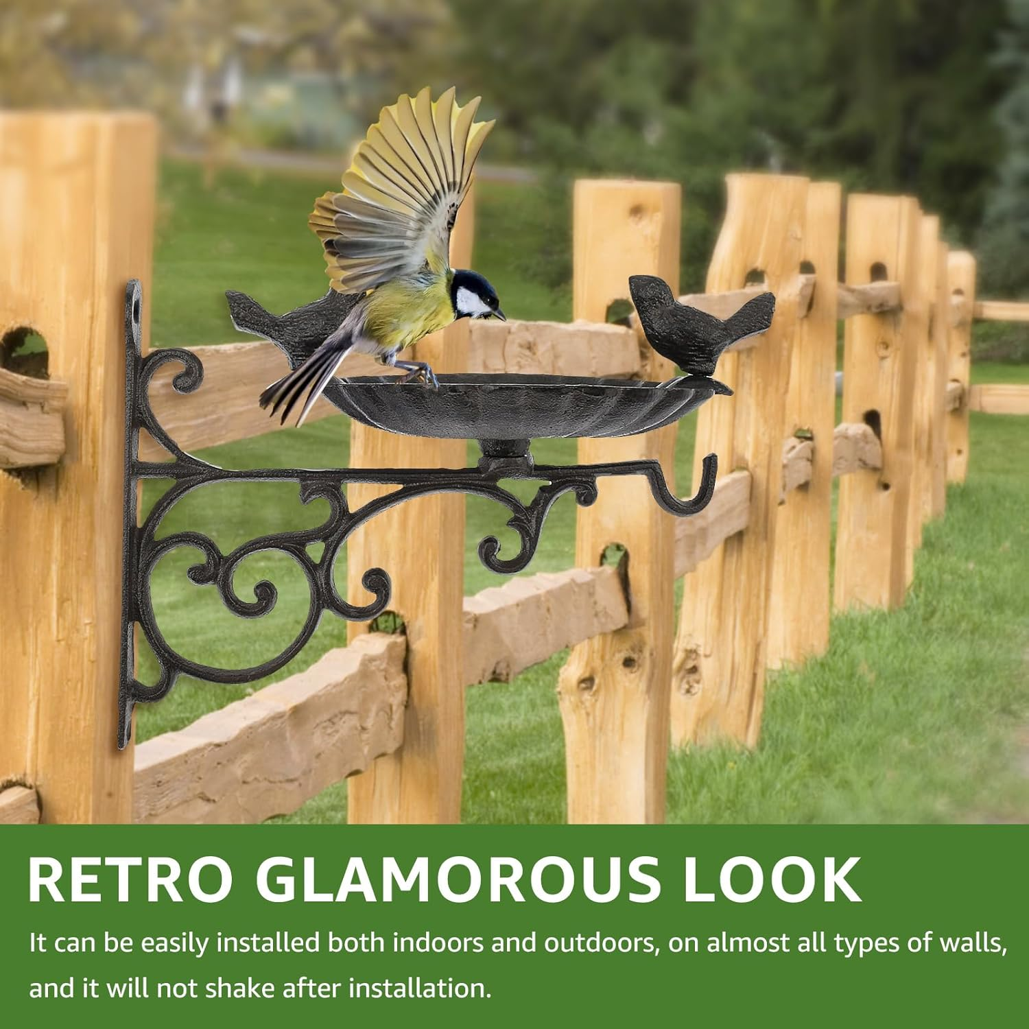 Cast Iron Bird Feeder, Gardens Decor Bird Food Container, Solid Wall Mounted Bird Bath Elegant Fence Tree Mount Bird Feeder for Wild Birds image number 4