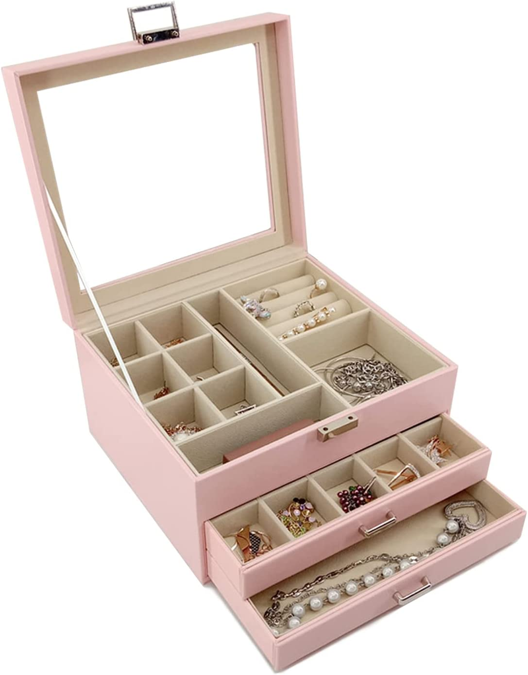 Jewelry Box with Glass Lid, 3-Layer Jewelry Organizer with 2 Drawers for Loved Ones Gifts, Pink image number 2