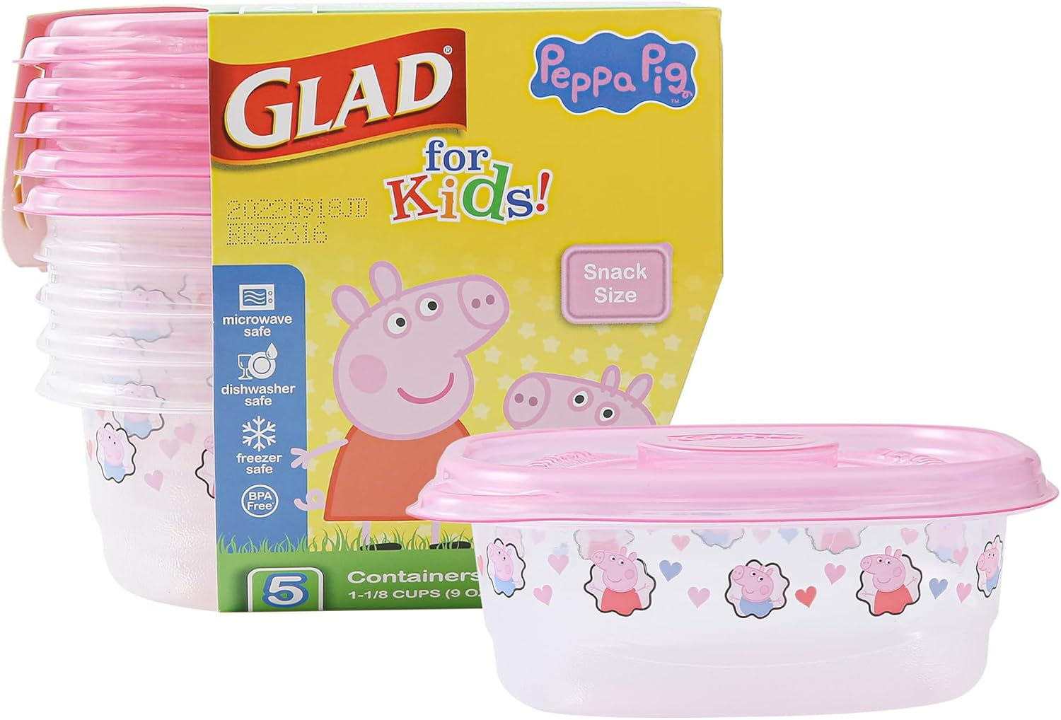 Glad for Kids Peppa Pig Gladware to Go Snack Storage Containers with Lids, 9Oz 5Ct | 9 Oz Kids Snack Containers with Peppa Pig Design, 5 Count Set | Tight Seal Food Storage Containers for Food
