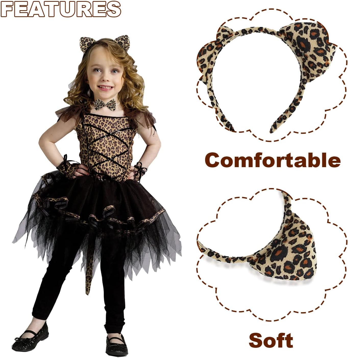 TSHAOUN 2 Pieces Leopard Ears Headband Set Ears Tail Bow Tie， Animal Cat Ears Band Bow Tail Fancy Dress up Set image number 4